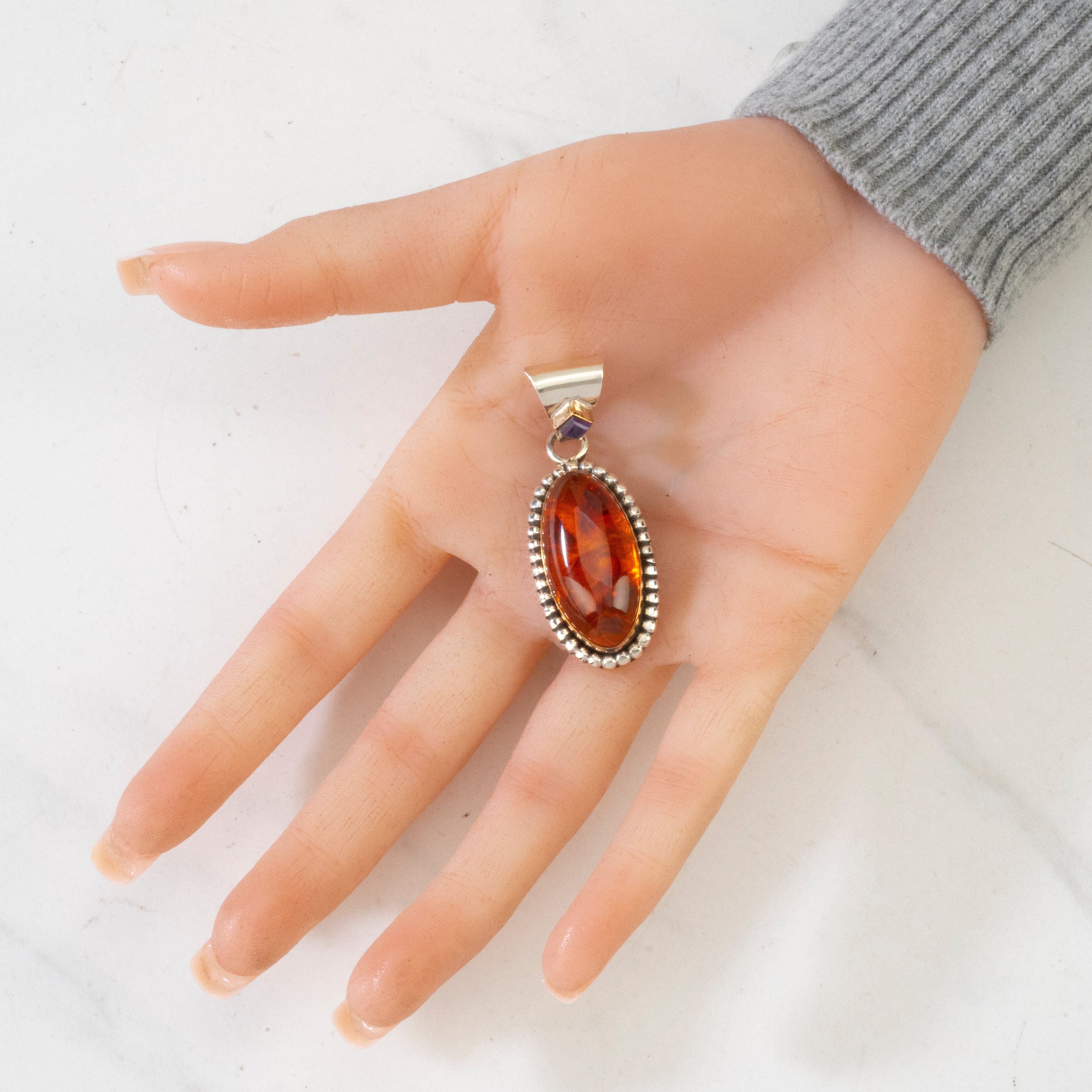 Kalifano Native American Jewelry Bobby Johnson Amber & Amethyst Navajo USA Native American Made 925 Sterling Silver Pendant NAN500.016