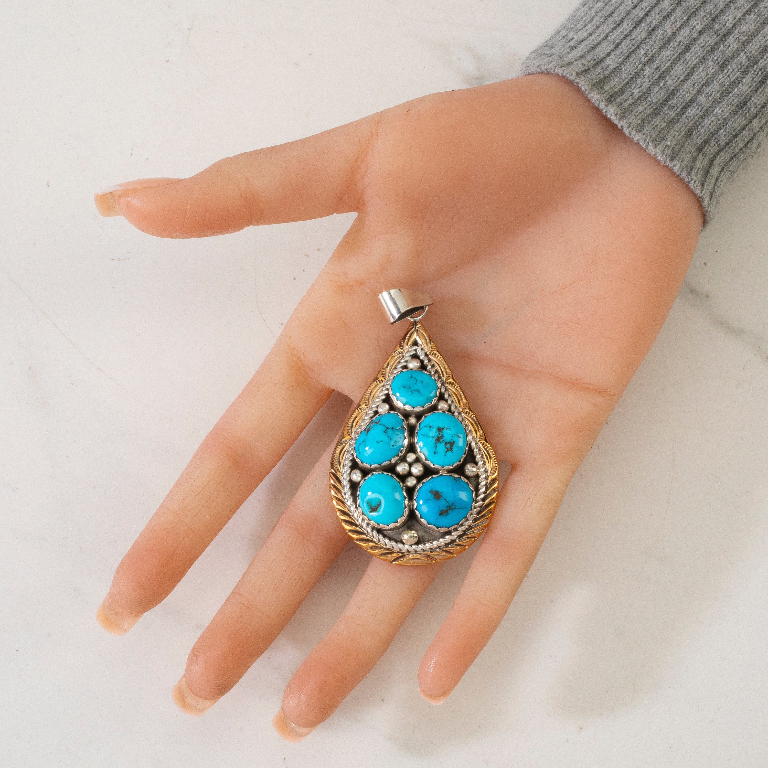Kalifano Native American Jewelry Bobby Johnson Sleeping Beauty Turquoise Teardrop Navajo USA Native American Made 925 Sterling Silver & 12K Gold Filled Pendant NAN1800.026