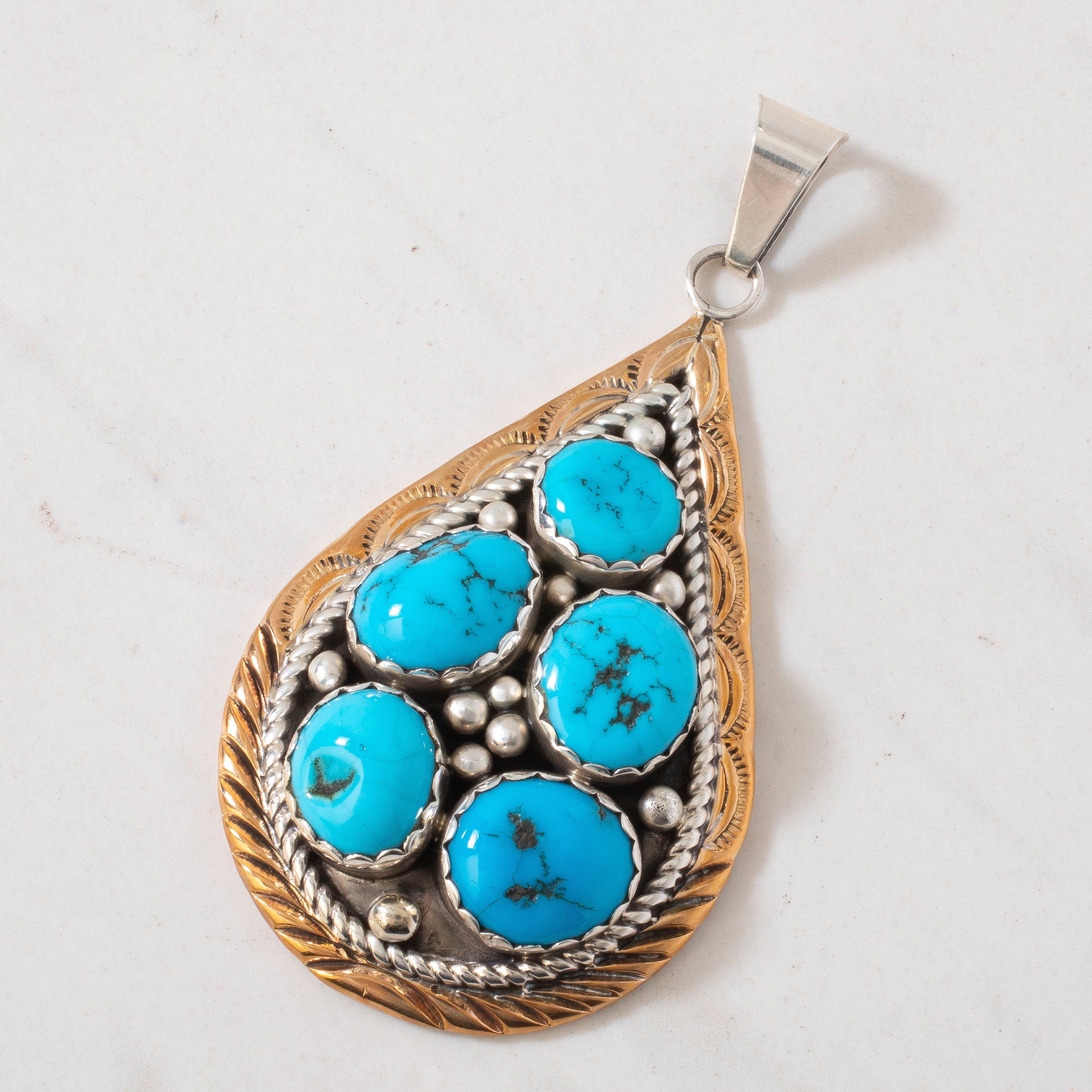 Kalifano Native American Jewelry Bobby Johnson Sleeping Beauty Turquoise Teardrop Navajo USA Native American Made 925 Sterling Silver & 12K Gold Filled Pendant NAN1800.026