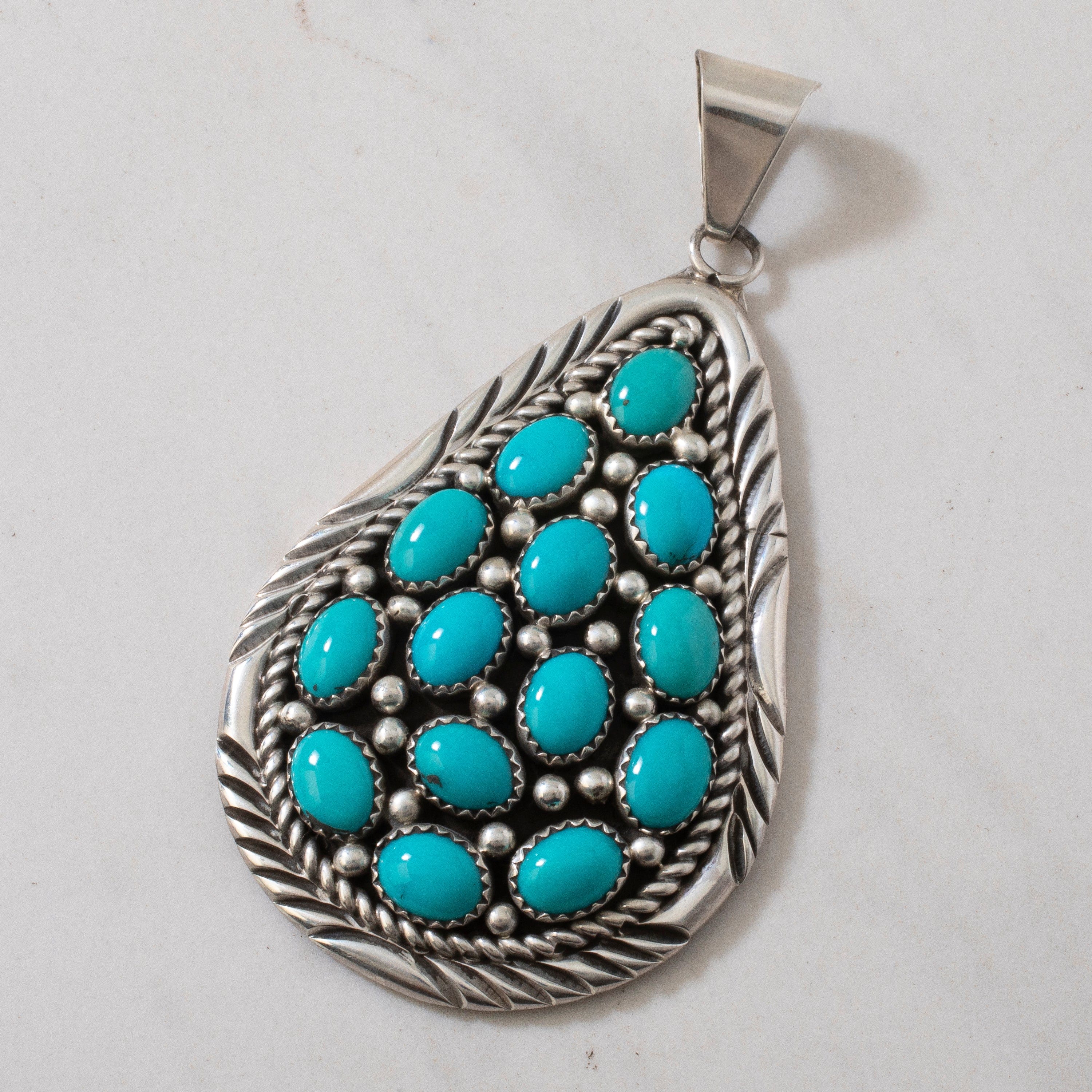 Kalifano Native American Jewelry Bobby Johnson Sleeping Beauty Turquoise Teardrop Navajo USA Native American Made 925 Sterling Silver Pendant NAN1600.005