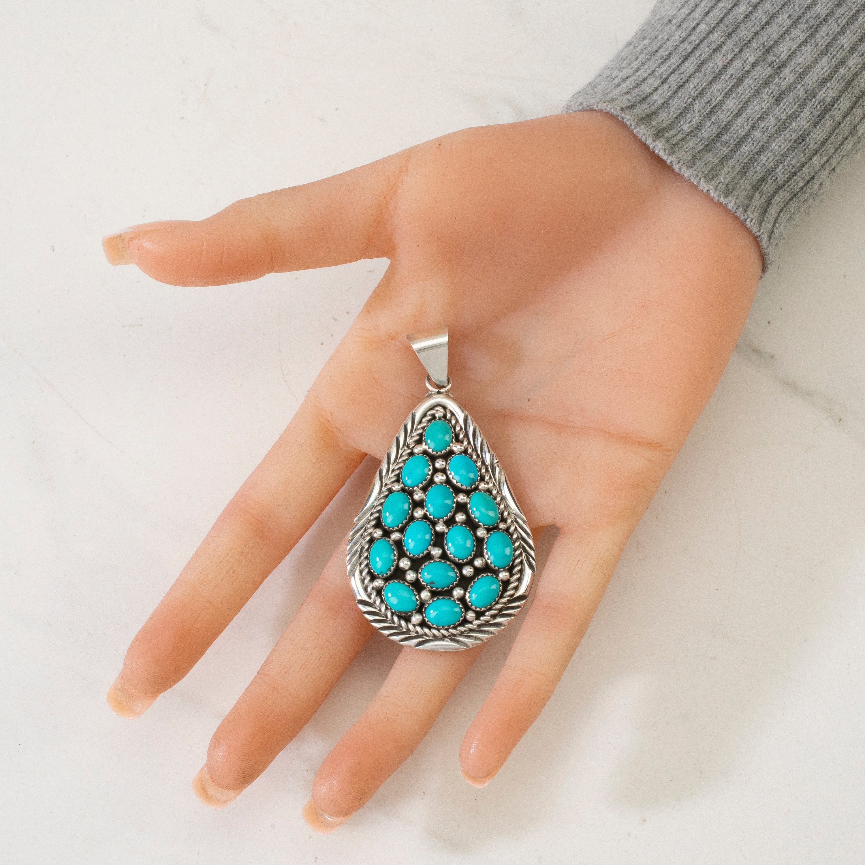 Kalifano Native American Jewelry Bobby Johnson Sleeping Beauty Turquoise Teardrop Navajo USA Native American Made 925 Sterling Silver Pendant NAN1600.005