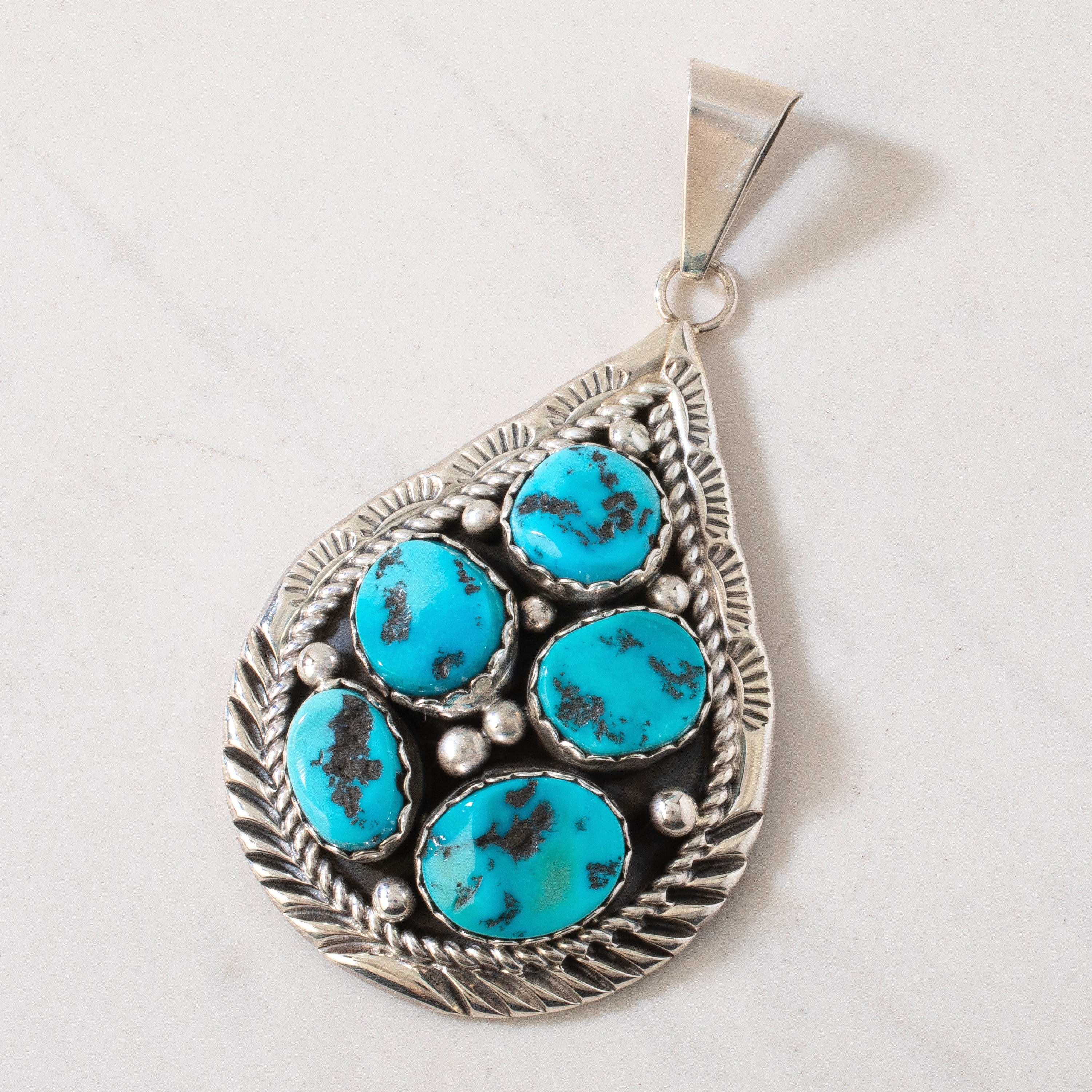 Kalifano Native American Jewelry Bobby Johnson Sleeping Beauty Turquoise Teardrop Navajo USA Native American Made 925 Sterling Silver Pendant NAN1800.023