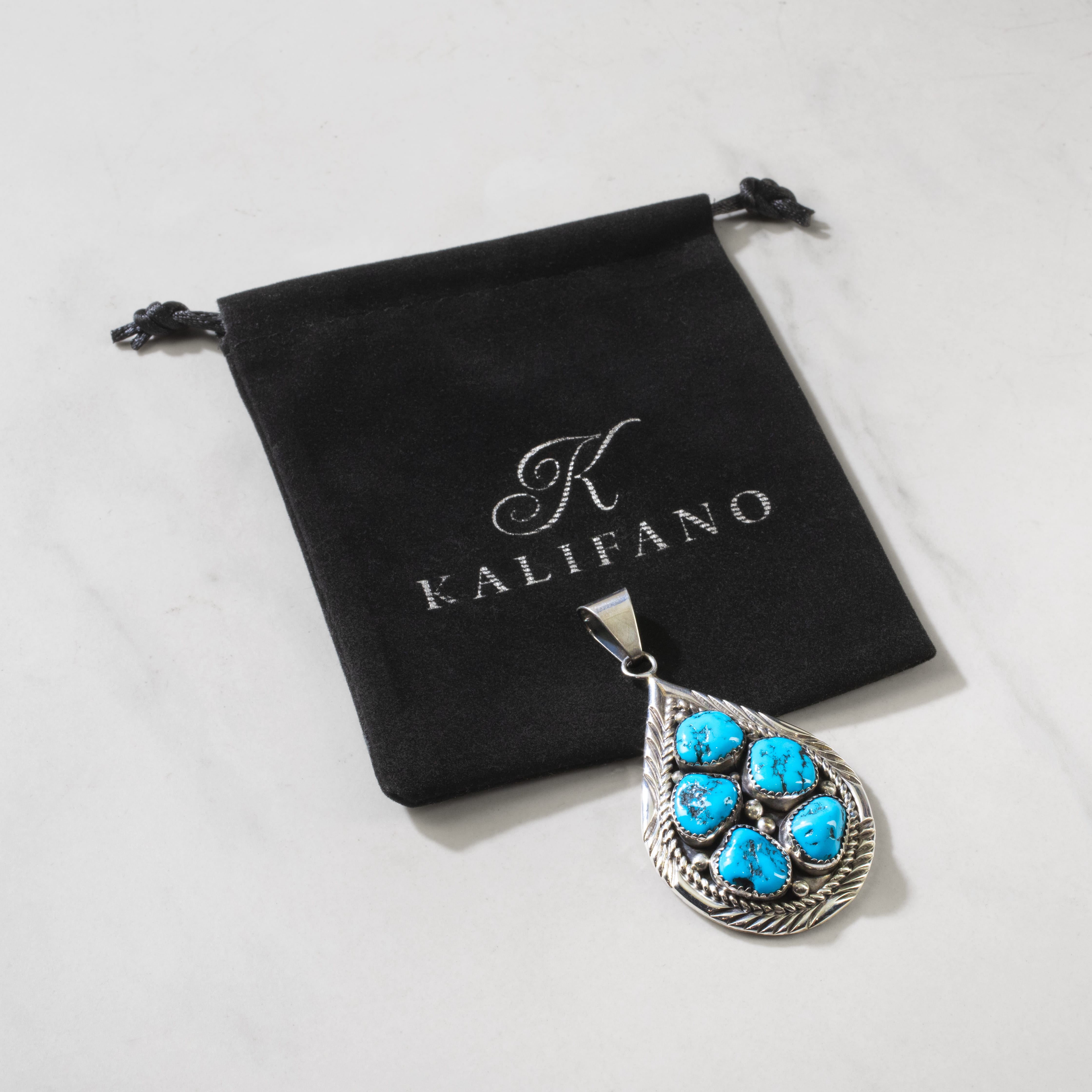 Kalifano Native American Jewelry Bobby Johnson Sleeping Beauty Turquoise Teardrop Navajo USA Native American Made 925 Sterling Silver Pendant NAN1800.025