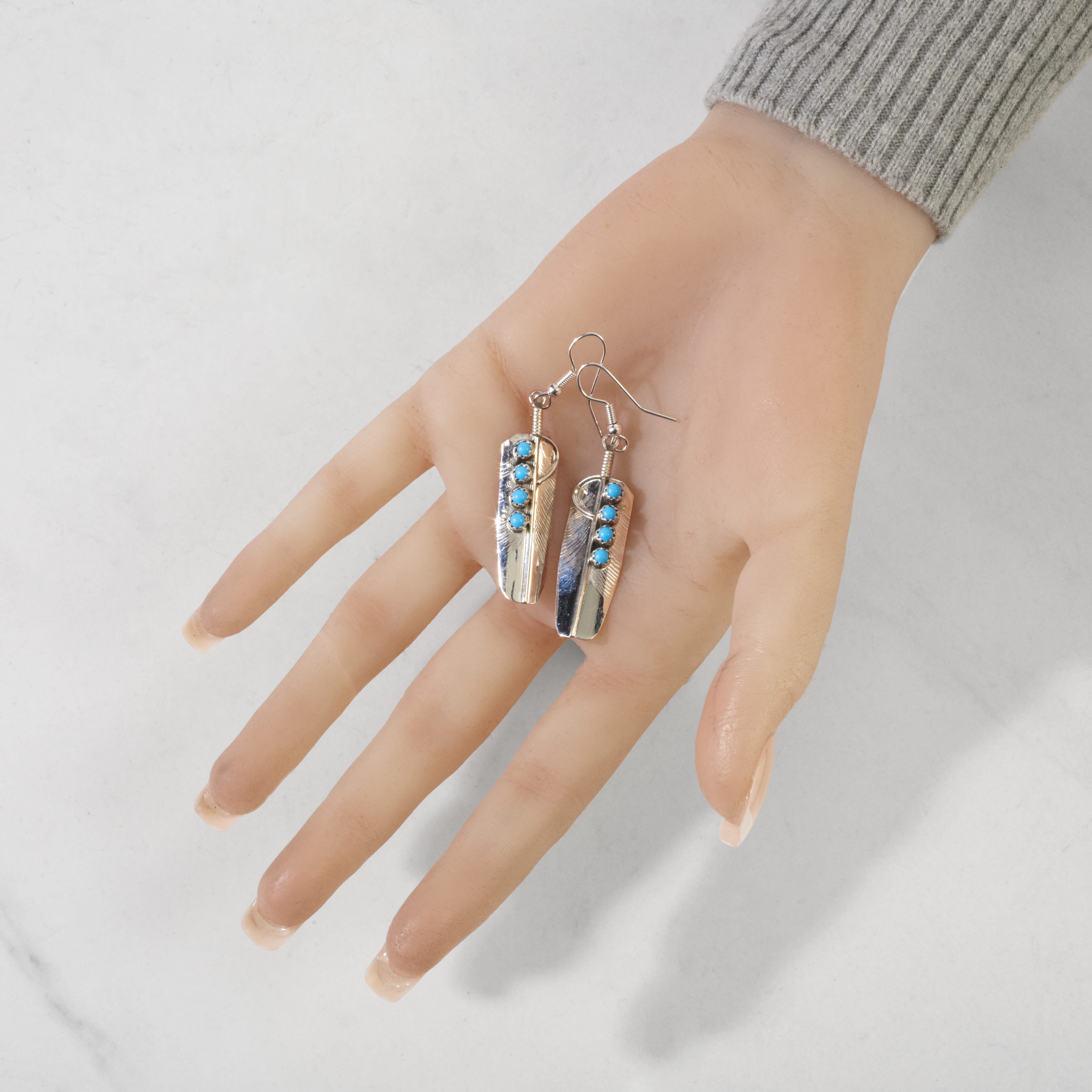 Kalifano Native American Jewelry Chester Charley Kingman Turquoise Feather Navajo USA Native American Made 925 Sterling Silver Earrings with French Hook NAE250.021