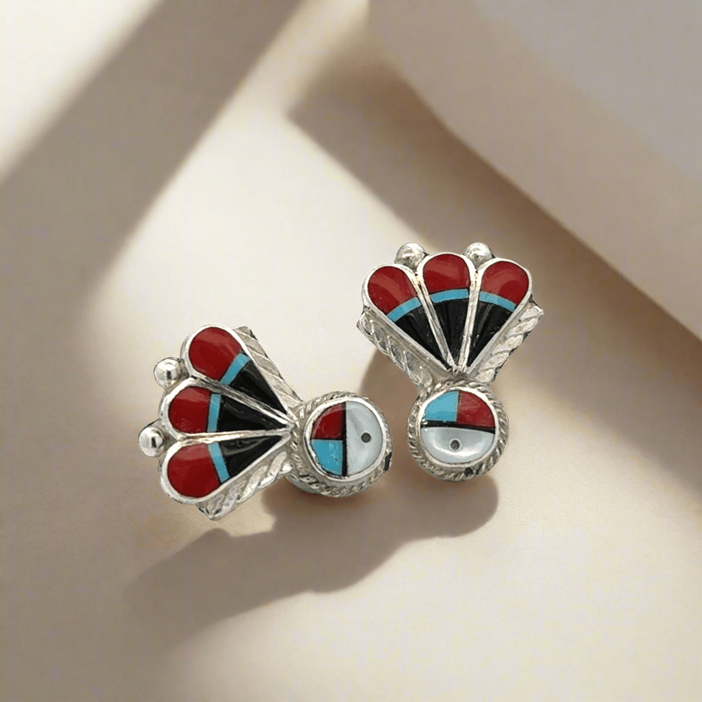 Kalifano Native American Jewelry Clarence Pedro Sunface Multi Gem Zuni USA Native American Made 925 Sterling Silver Earrings with Stud Backing NAE600.023