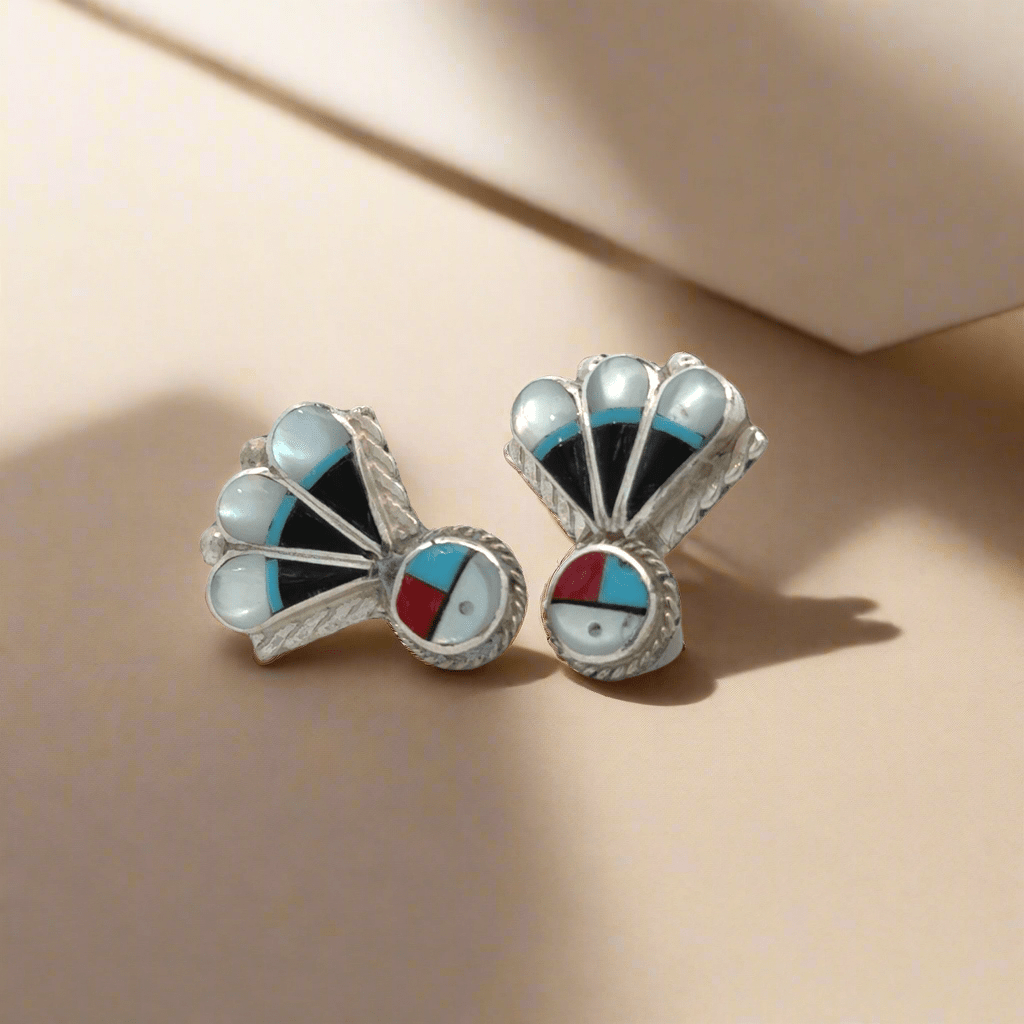 Kalifano Native American Jewelry Clarence Pedro Sunface Multi Gem Zuni USA Native American Made 925 Sterling Silver Earrings with Stud Backing NAE600.024
