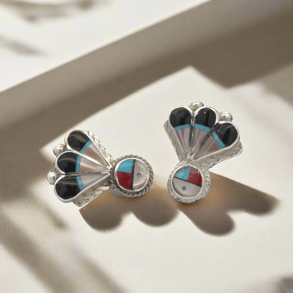 Kalifano Native American Jewelry Clarence Pedro Sunface Multi Gem Zuni USA Native American Made 925 Sterling Silver Earrings with Stud Backing NAE600.025