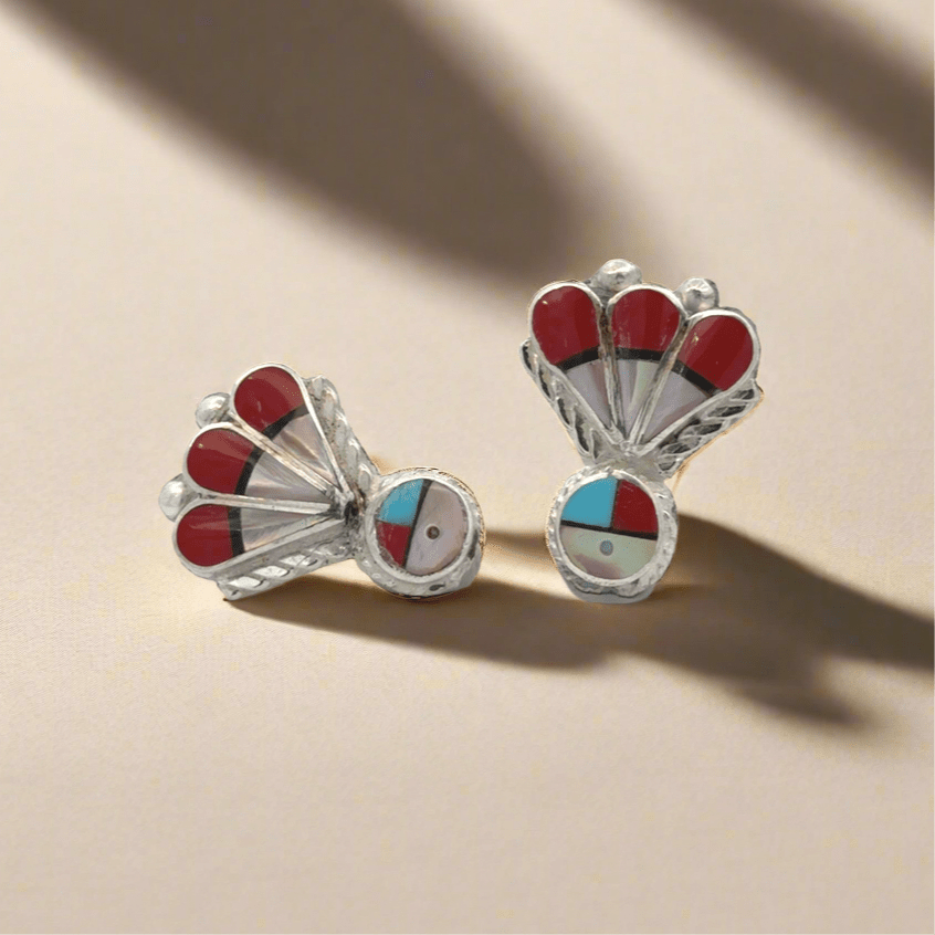 Kalifano Native American Jewelry Clarence Pedro Sunface Multi Gem Zuni USA Native American Made 925 Sterling Silver Earrings with Stud Backing NAE600.026