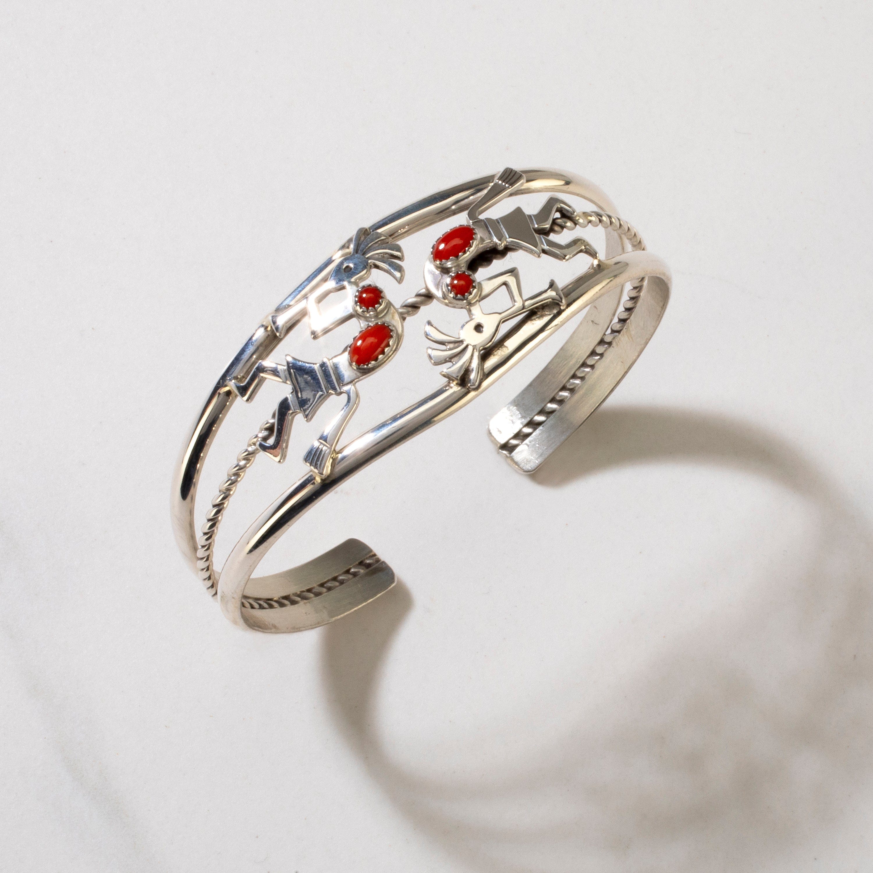 Kalifano Native American Jewelry Ella Peter Red Coral Navajo Kokopelli USA Native American Made 925 Sterling Silver Cuff NAB600.012