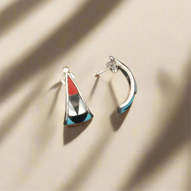 Kalifano Native American Jewelry Florencia Lucio Multi Gem Triangular Zuni USA Native American Made 925 Sterling Silver Earrings with Stud Backing NAE400.055
