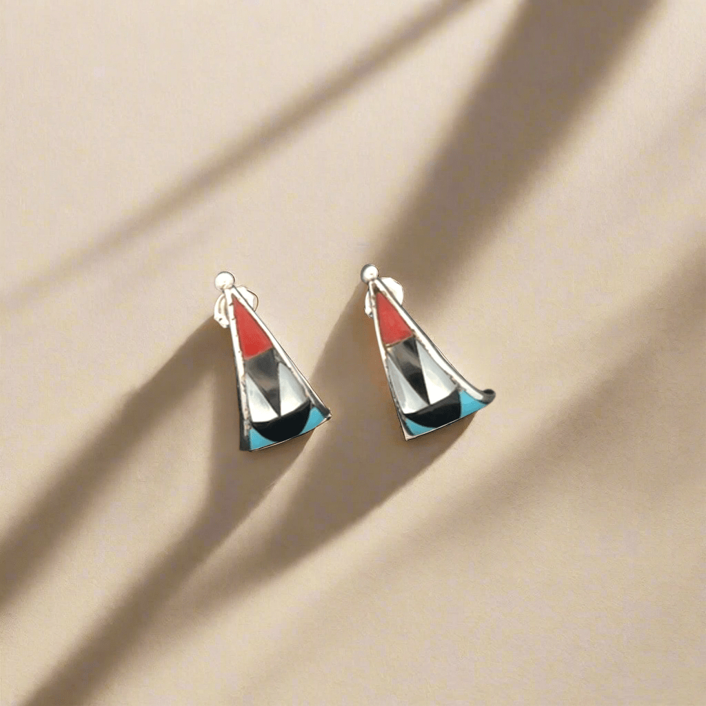 Kalifano Native American Jewelry Florencia Lucio Multi Gem Triangular Zuni USA Native American Made 925 Sterling Silver Earrings with Stud Backing NAE400.055