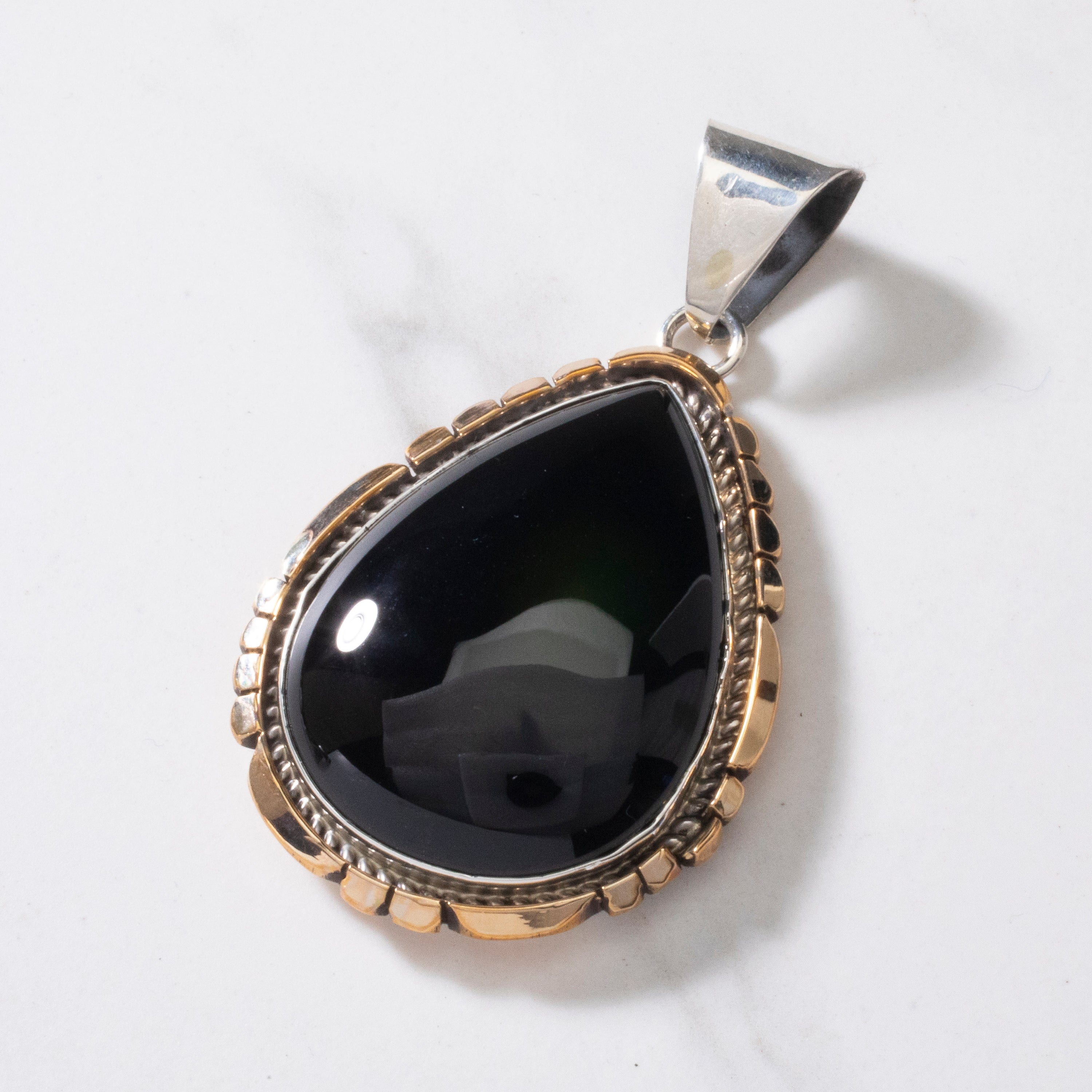 Kalifano Native American Jewelry G. Long Navajo Black Onyx Teardrop Navajo USA Native American Made 925 Sterling Silver & 12K Gold Filled Pendant NAN1100.003
