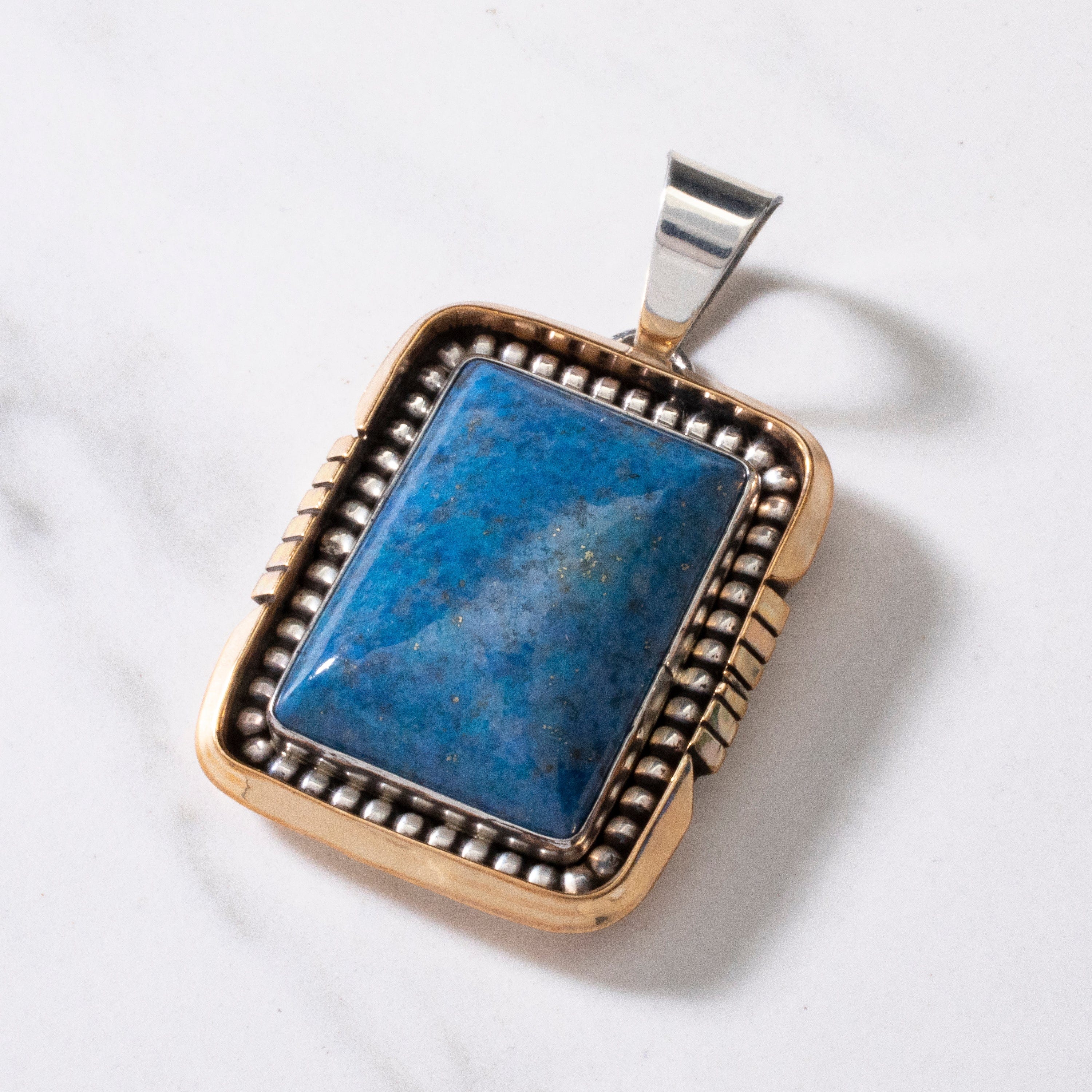 Kalifano Native American Jewelry Gary Spencer Lapis Rectangular Navajo USA Native American Made 925 Sterling Silver & 12K Gold Filled Pendant NAN1200.028
