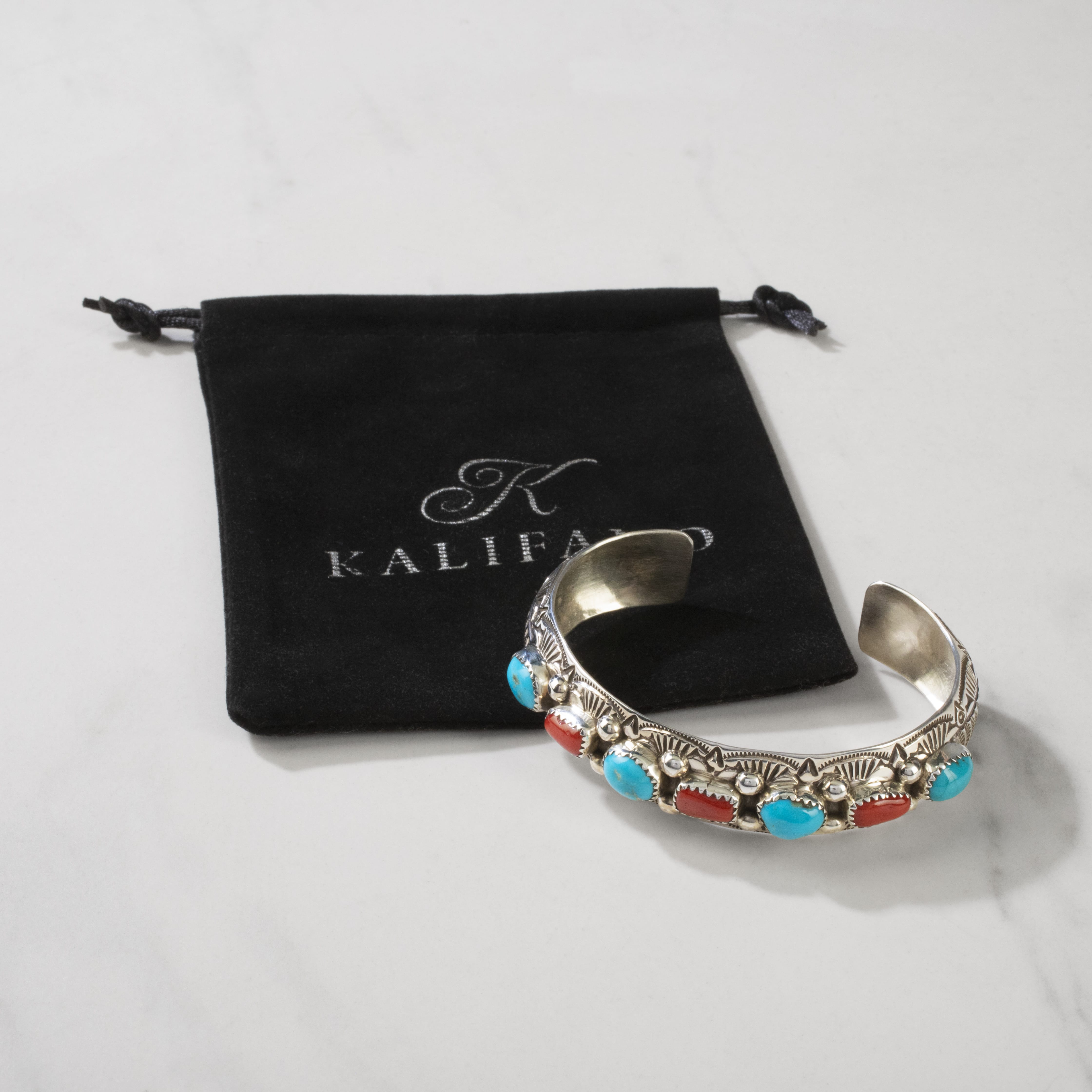 Kalifano Native American Jewelry Grace Silver Kingman Turquoise & Coral Navajo USA Native American Made 925 Sterling Silver Cuff NAB1200.052