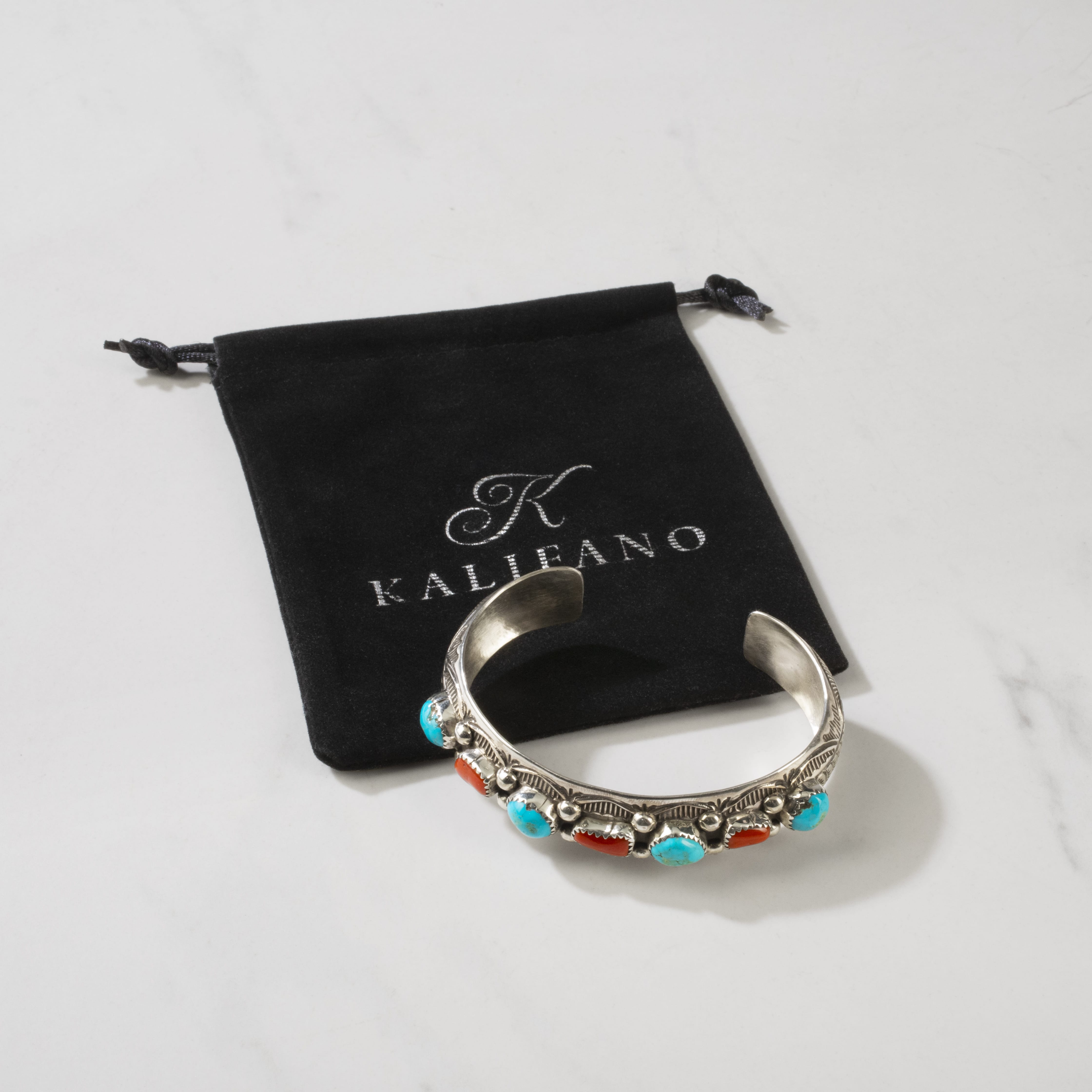 Kalifano Native American Jewelry Grace Silver Kingman Turquoise & Coral Navajo USA Native American Made 925 Sterling Silver Cuff NAB1200.055
