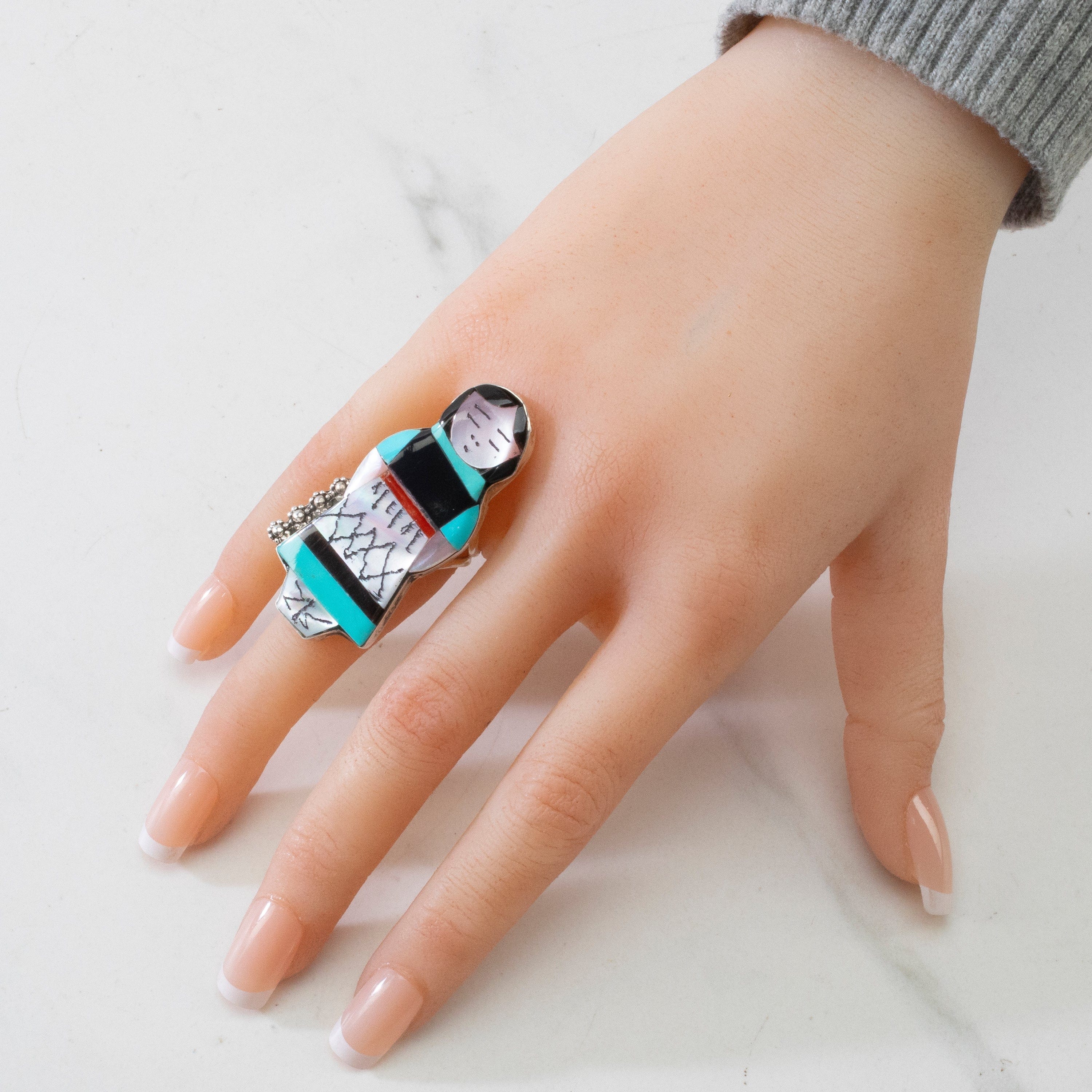 Kalifano Native American Jewelry Joyce Waseta Multi Gem Zuni Maiden USA Native American Made 925 Sterling Silver Ring