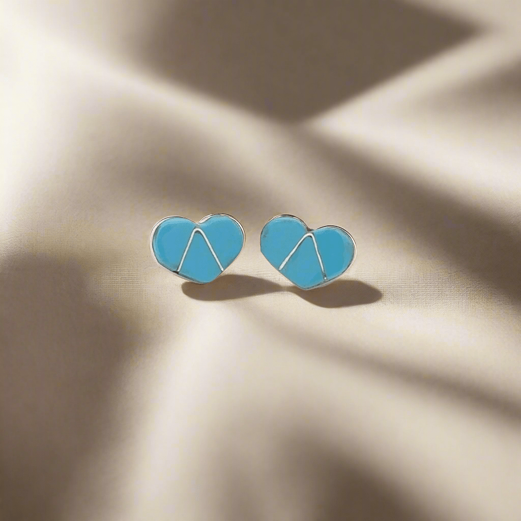 Kalifano Native American Jewelry Karen Lalio Kingman Turquoise Heart Zuni Inlay USA Native American Made 925 Sterling Silver Earrings with Stud Backing NAE200.029