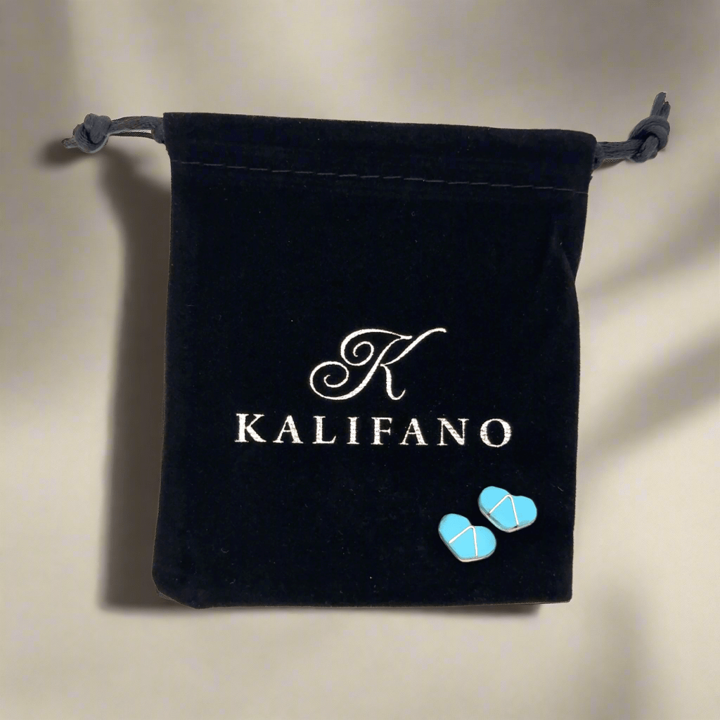 Kalifano Native American Jewelry Karen Lalio Kingman Turquoise Heart Zuni Inlay USA Native American Made 925 Sterling Silver Earrings with Stud Backing NAE200.029