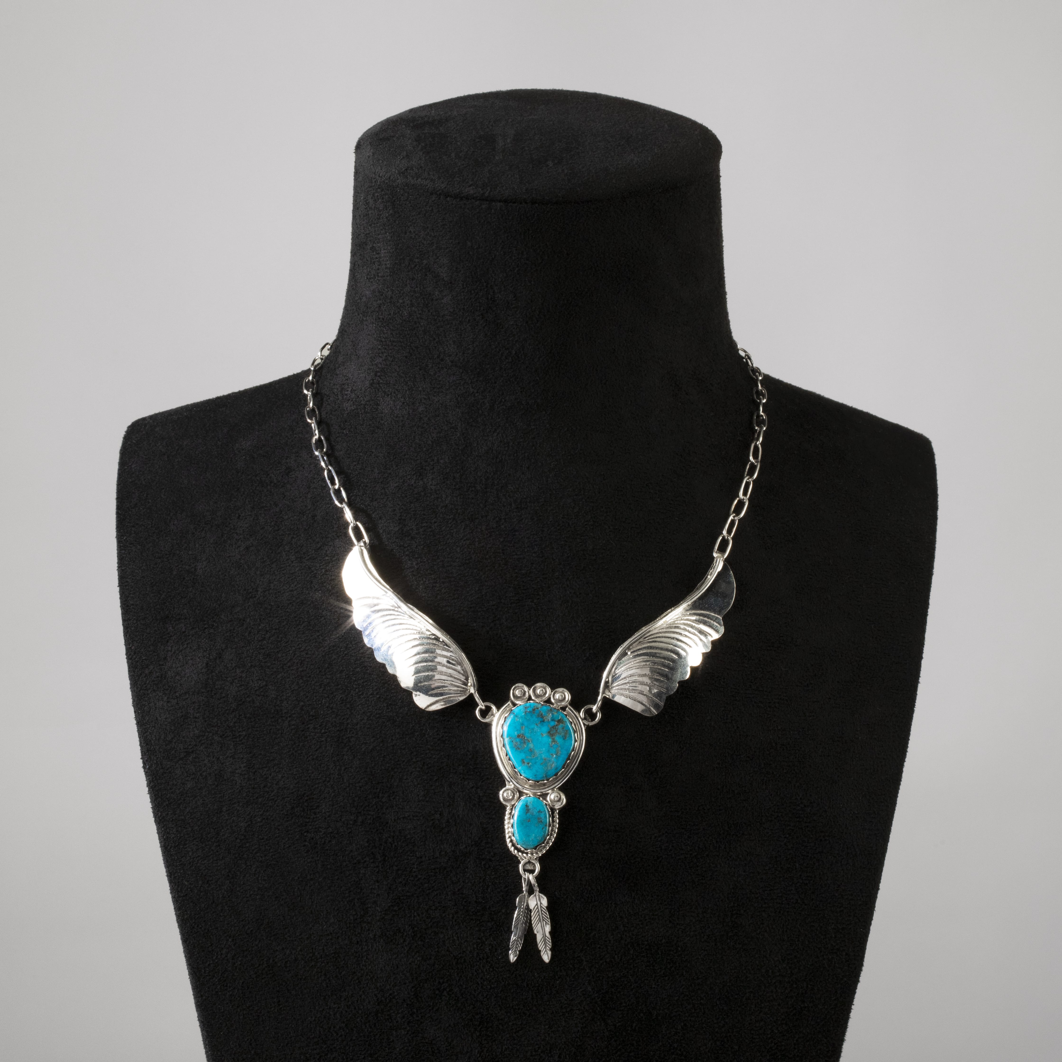 Kalifano Native American Jewelry Margie Chee Kingman Turquoise Wings Navajo USA Native American Made 925 Sterling Silver Necklace NAN950.001