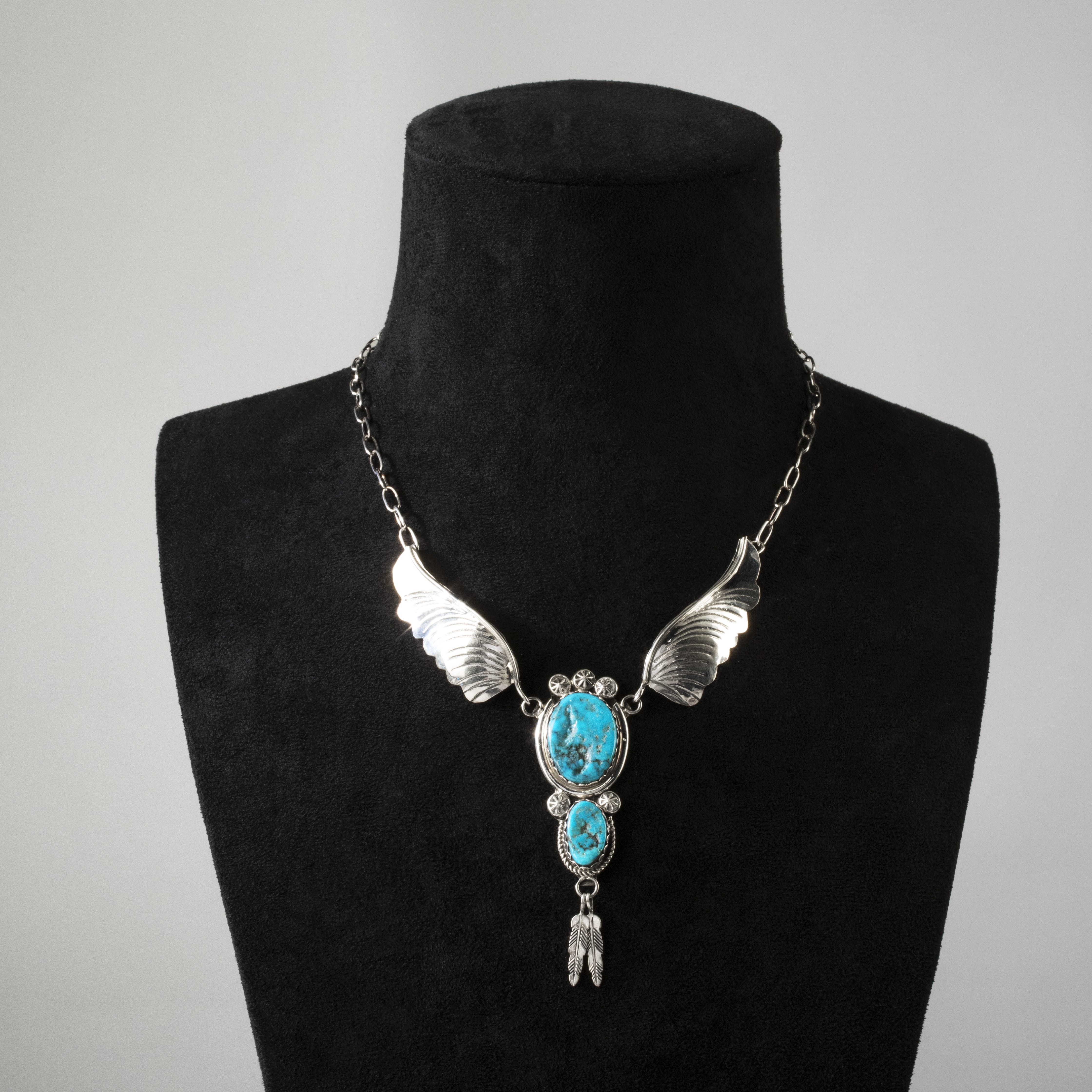Kalifano Native American Jewelry Margie Chee Kingman Turquoise Wings Navajo USA Native American Made 925 Sterling Silver Necklace NAN950.002