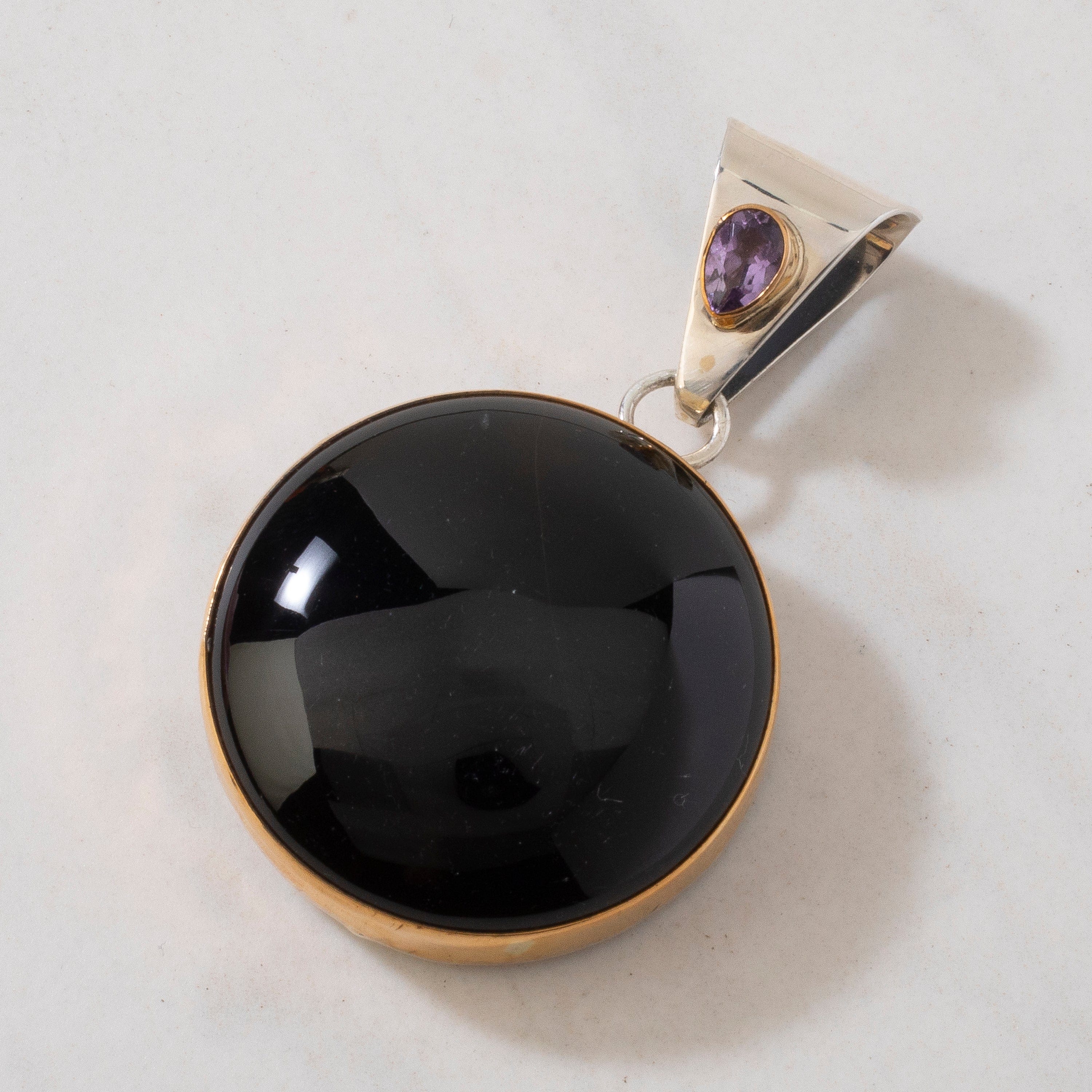Kalifano Native American Jewelry Paul Livingston Black Onyx & Amethyst Navajo USA Native American Made 925 Sterling Silver & 12K Gold Filled Pendant NAN800.018