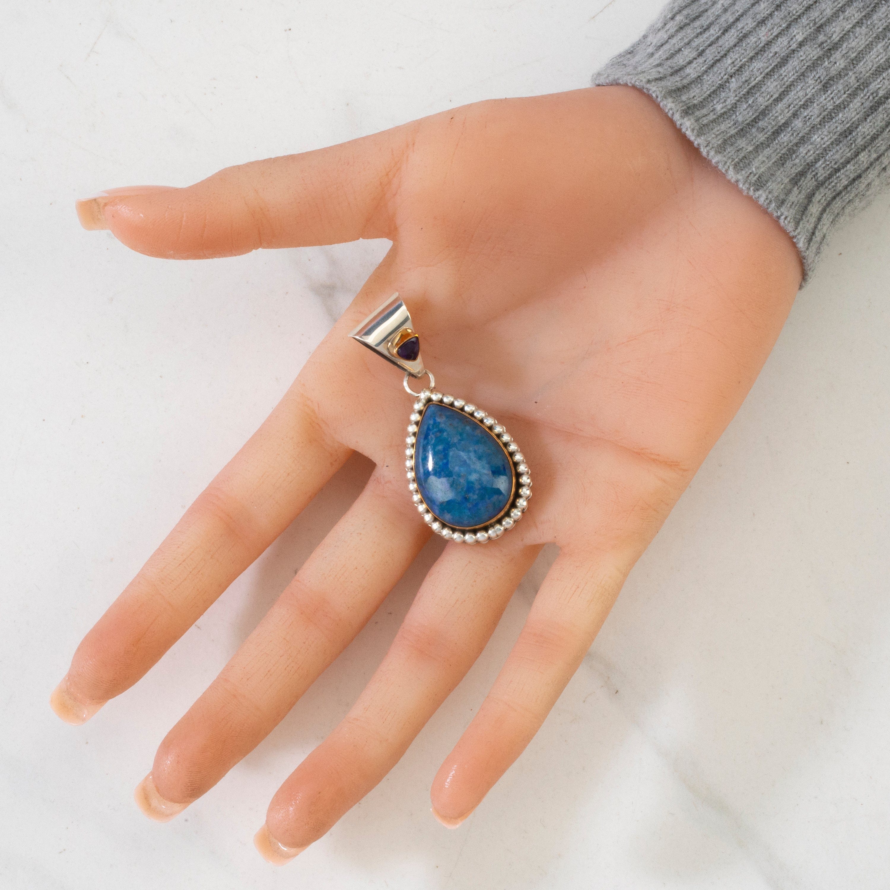 Kalifano Native American Jewelry Paul Livingston Denim Lapis & Amethyst Teardrop Navajo USA Native American Made 925 Sterling Silver & 12K Gold Filled Pendant NAN550.002