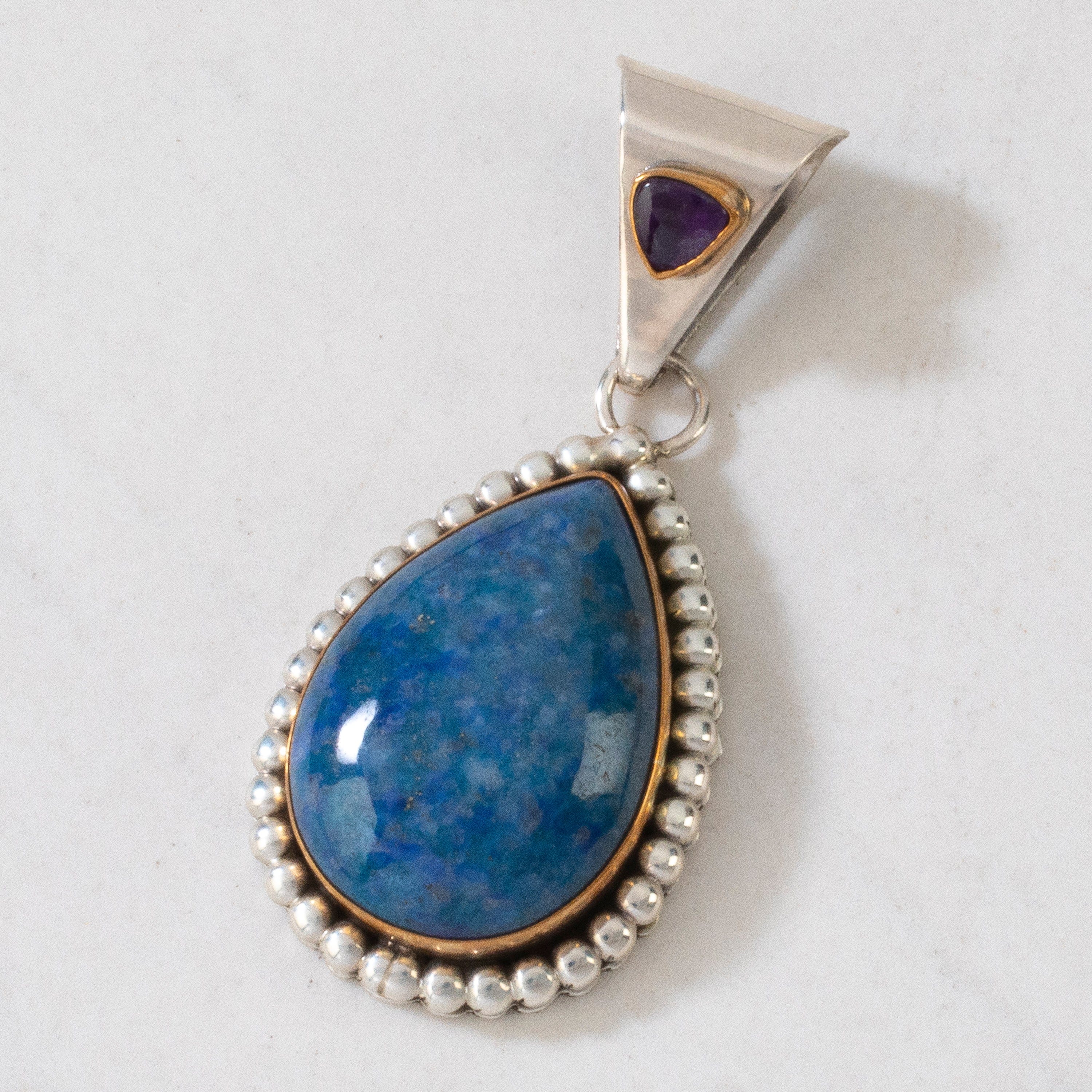 Kalifano Native American Jewelry Paul Livingston Denim Lapis & Amethyst Teardrop Navajo USA Native American Made 925 Sterling Silver & 12K Gold Filled Pendant NAN550.002