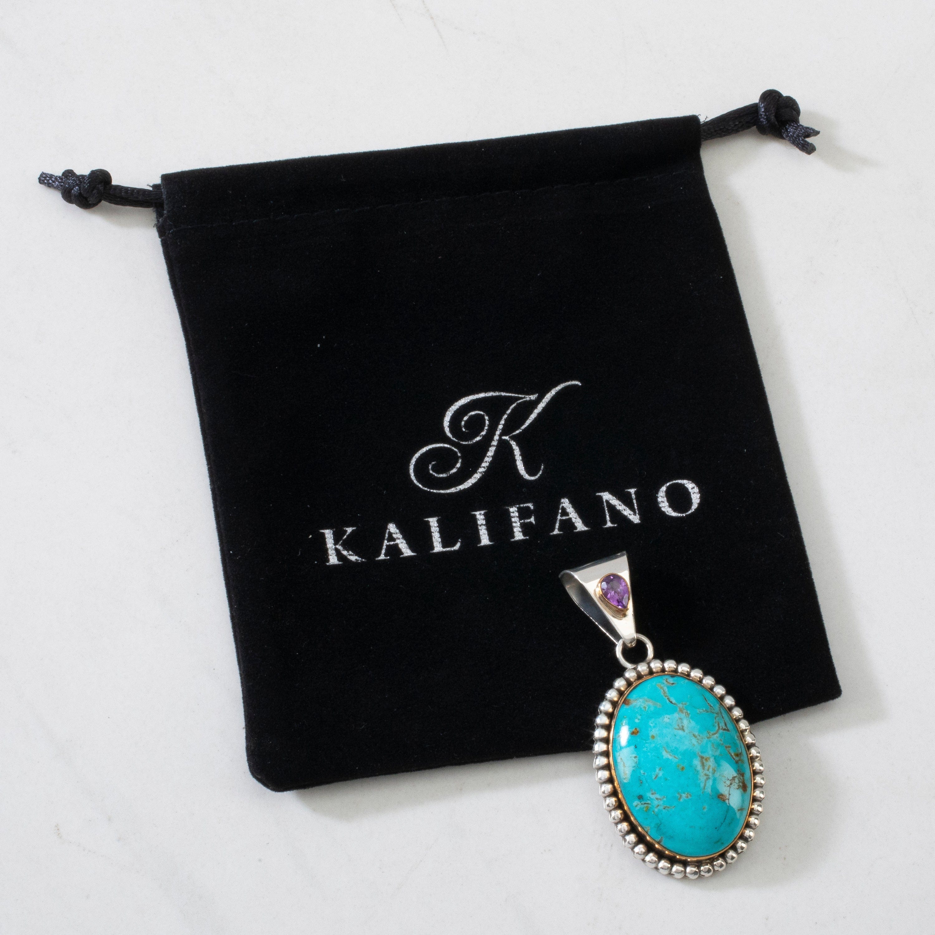 Kalifano Native American Jewelry Paul Livingston Kingman Turquoise & Amethyst Navajo USA Native American Made 925 Sterling Silver & 12K Gold Filled Pendant NAN900.024