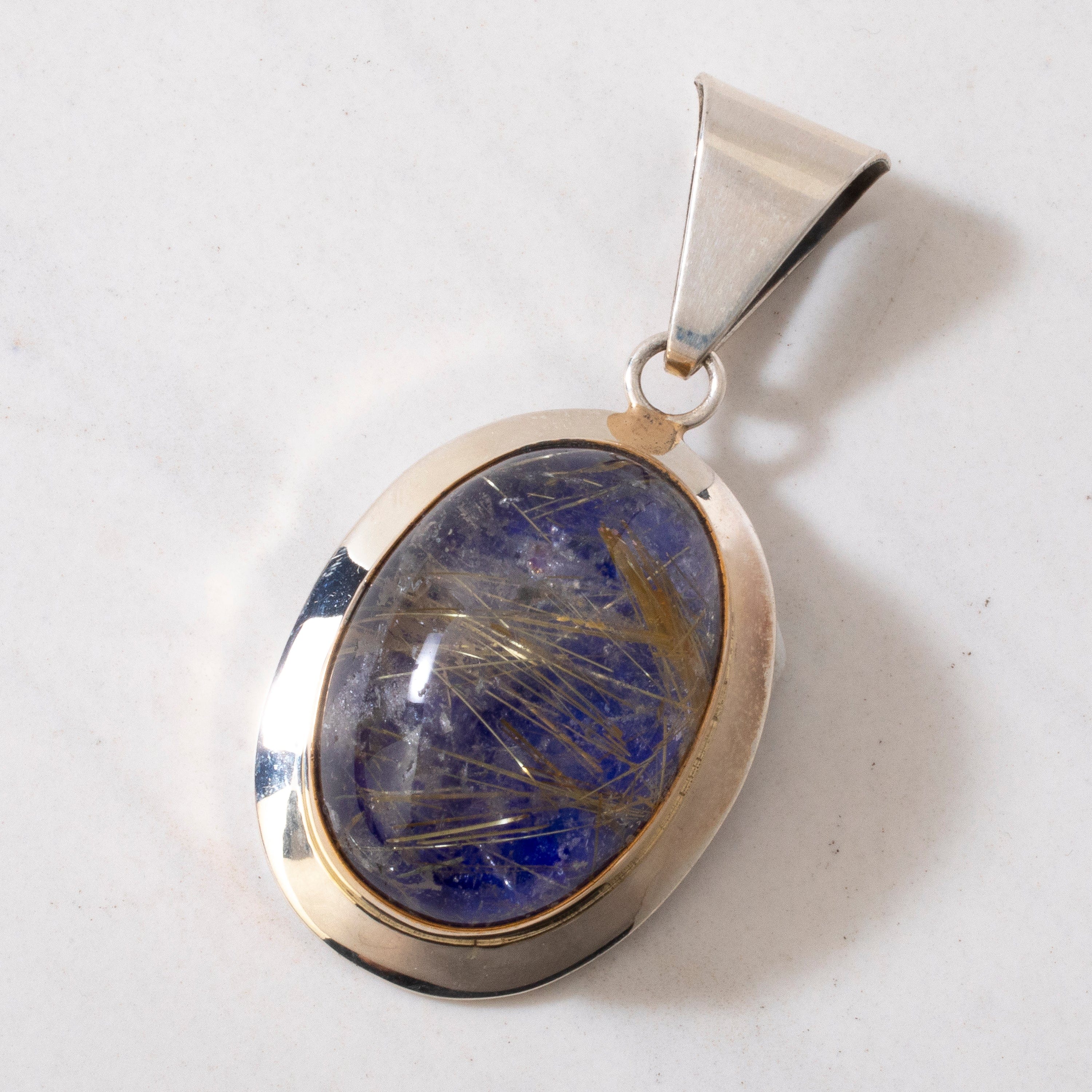 Kalifano Native American Jewelry Paul Livingston Lapis & Rutilated Quartz USA Native American Made 925 Sterling Silver & 12K Gold Filled Pendant NAN800.014