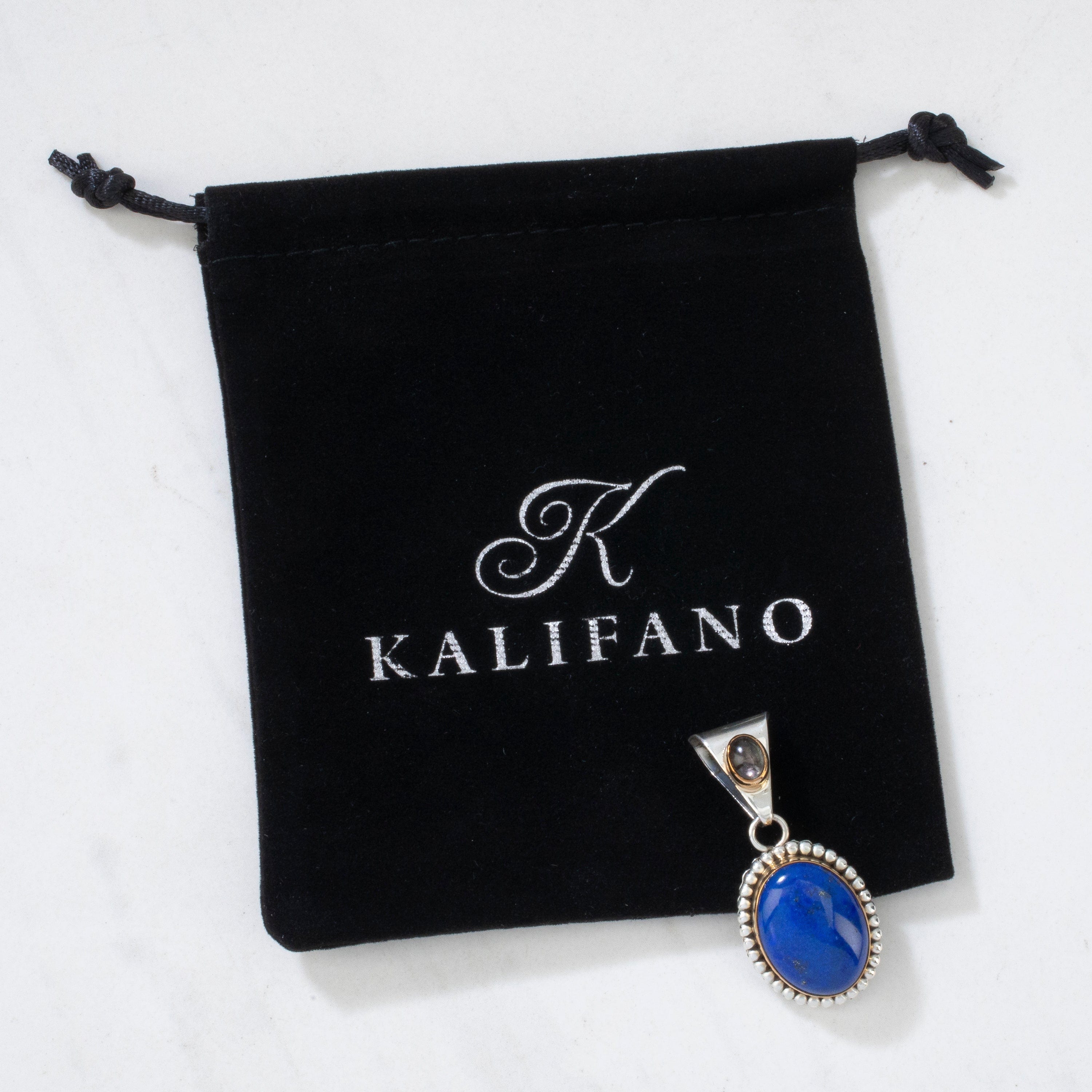 Kalifano Native American Jewelry Paul Livingston Lapis & Smoky Quartz USA Native American Made 925 Sterling Silver & 12K Gold Filled Pendant NAN400.017