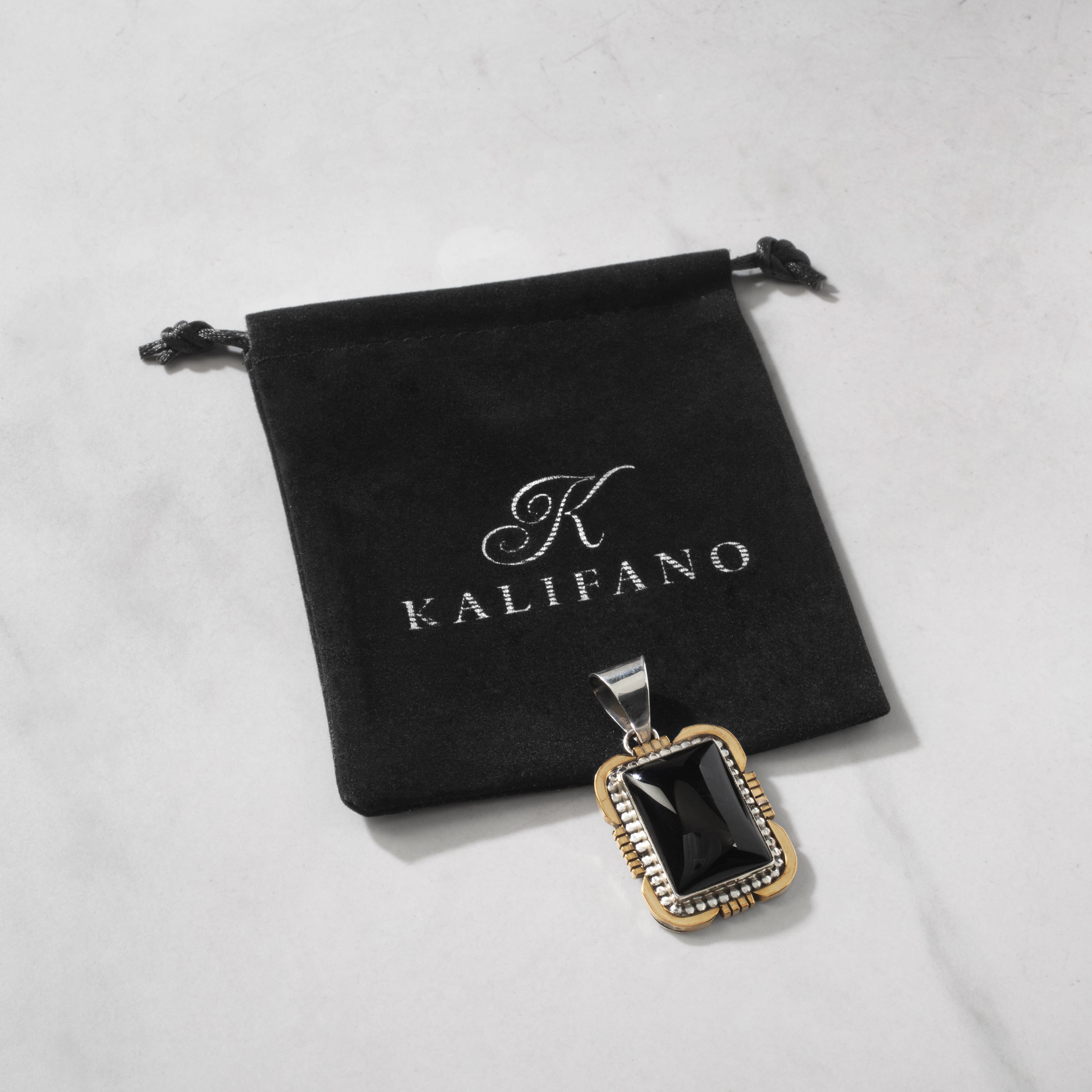 Kalifano Native American Jewelry Ray Bennett Black Onyx Rectangular USA Native American Made 925 Sterling Silver & 12K Gold Filled Pendant NAN650.006