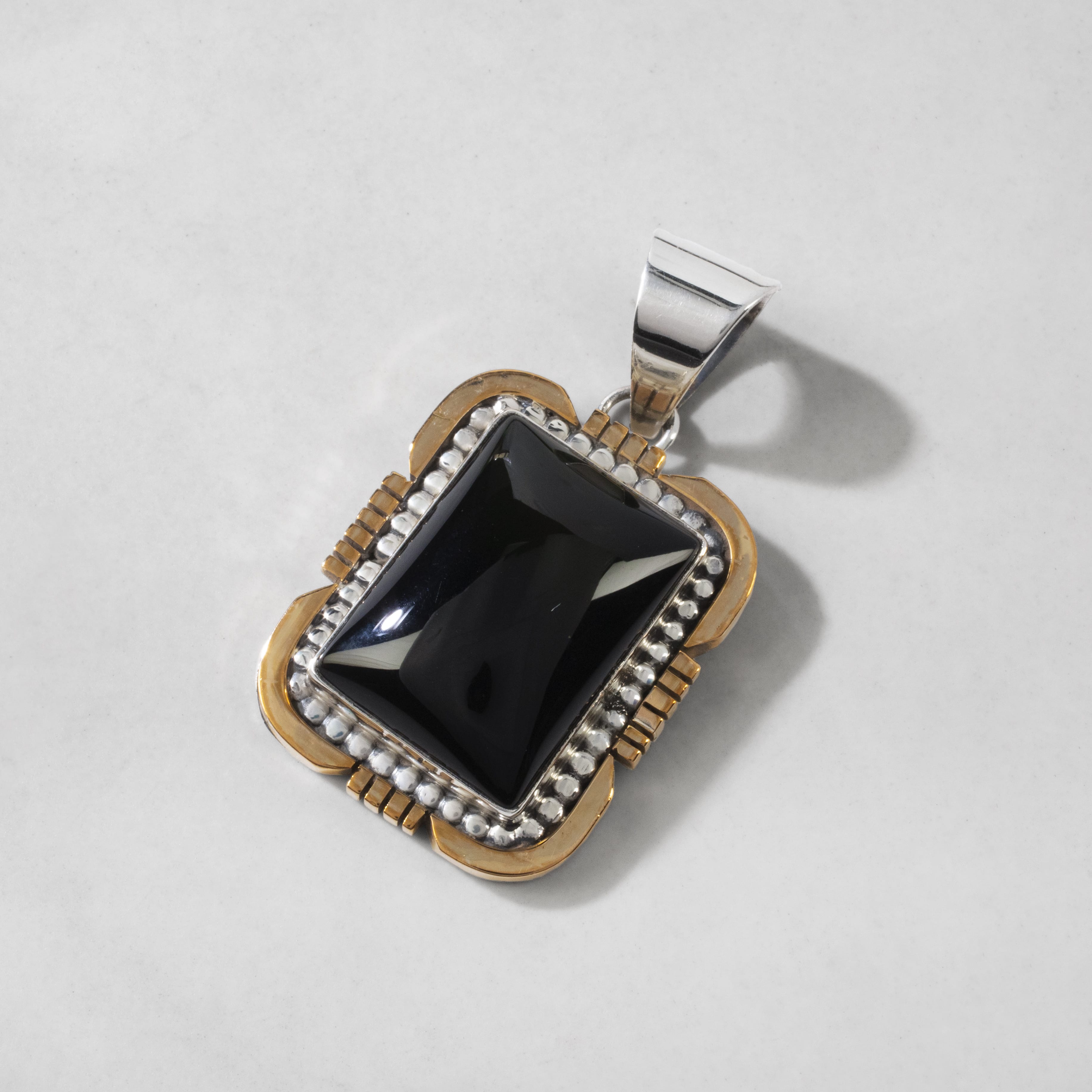 Kalifano Native American Jewelry Ray Bennett Black Onyx Rectangular USA Native American Made 925 Sterling Silver & 12K Gold Filled Pendant NAN650.006