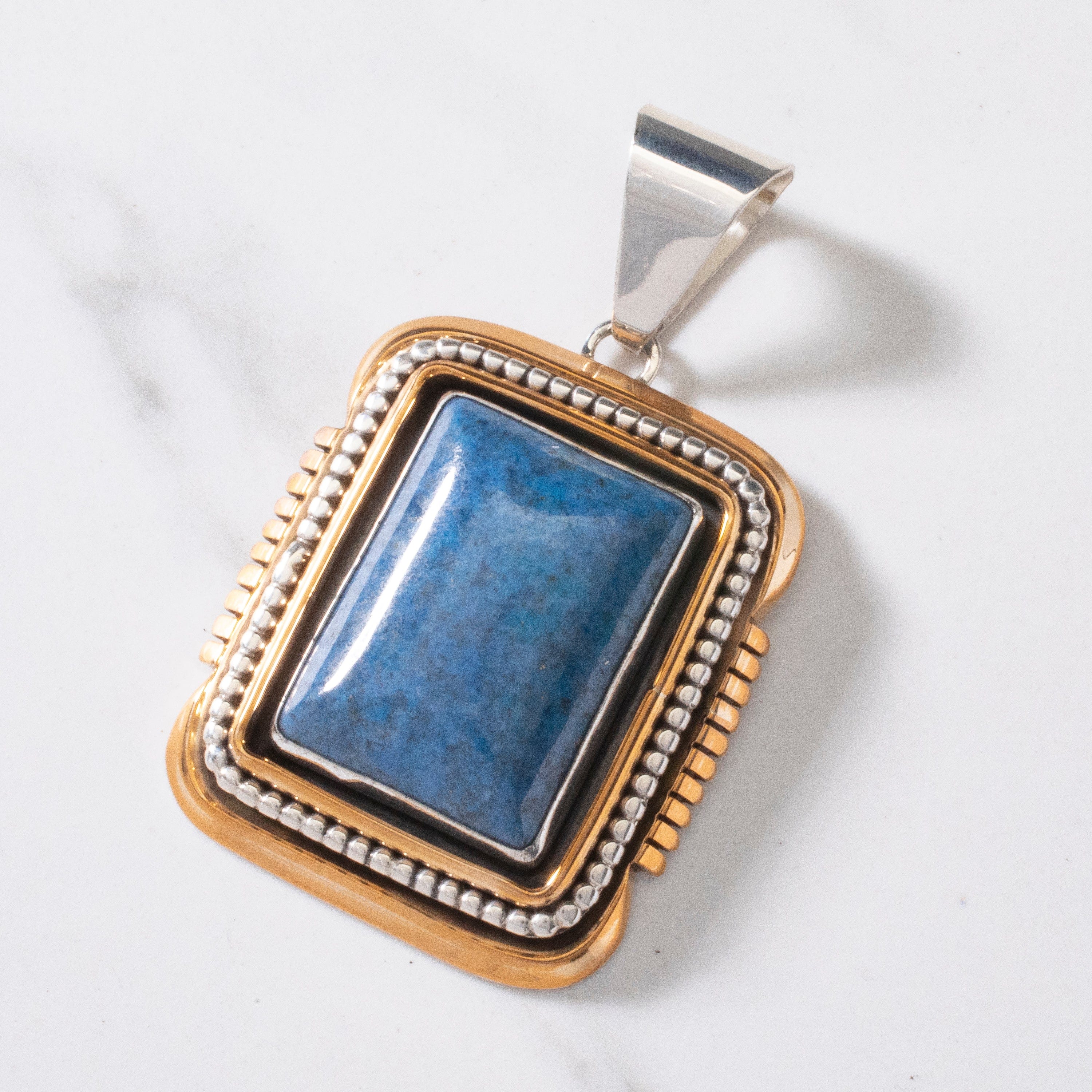 Kalifano Native American Jewelry Ray Bennett Lapis Rectangular Navajo USA Native American Made 925 Sterling Silver & 12K Gold Filled Pendant NAN1500.018