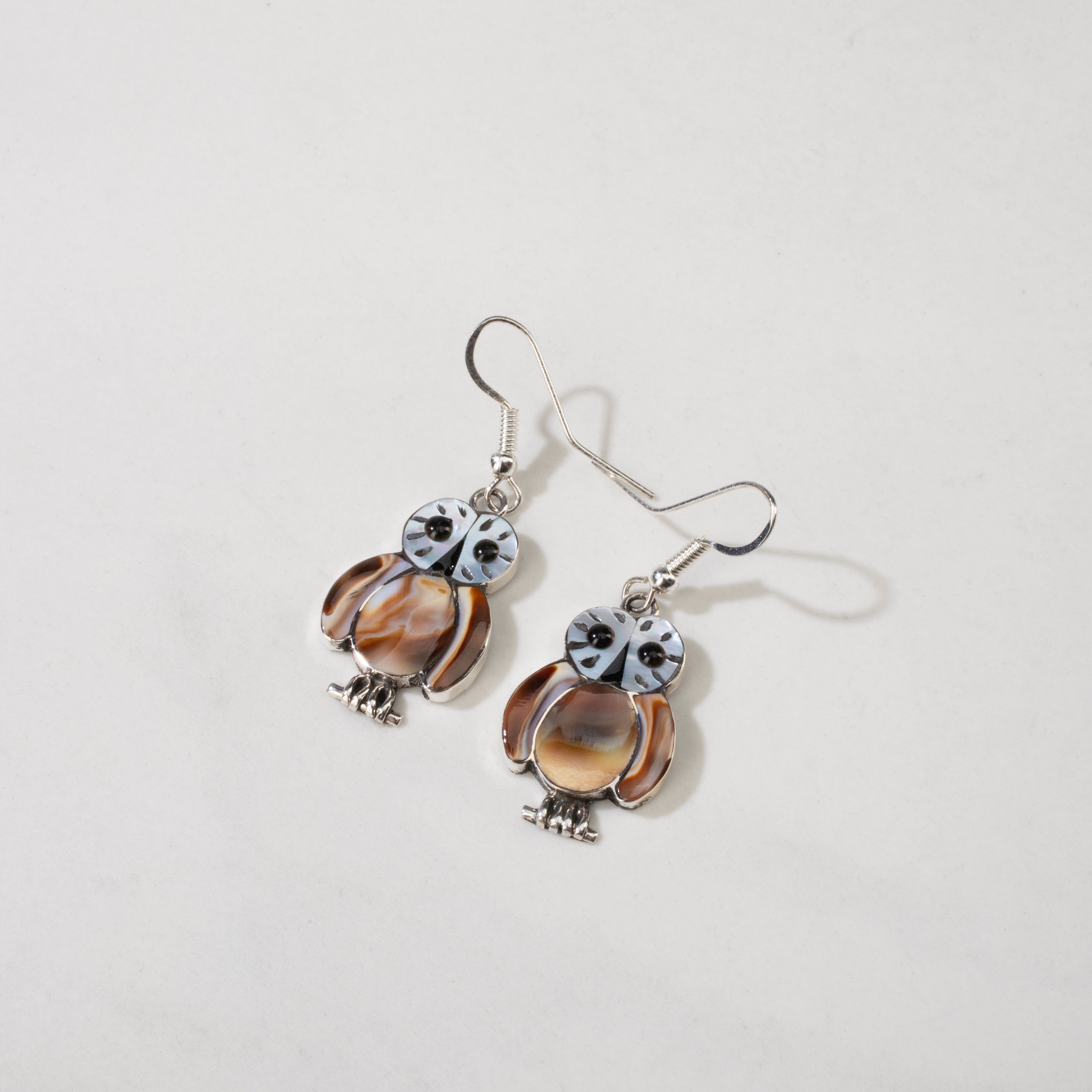 Kalifano Native American Jewelry Regenda Kallestewa Turbo Shell Owl USA Native American Made 925 Sterling Silver Earrings with French Hook NAE250.019