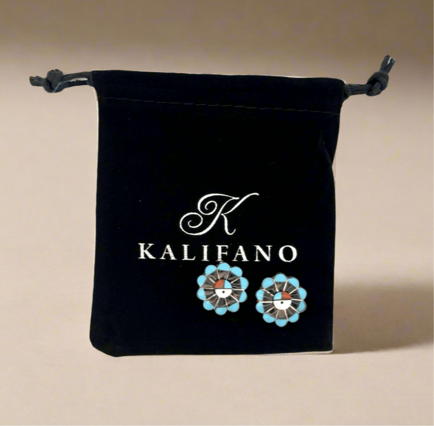 Kalifano Native American Jewelry Romero Vacit Sunface Flower Multi Gem Zuni USA Native American Made 925 Sterling Silver Earrings with Stud Backing NAE600.027