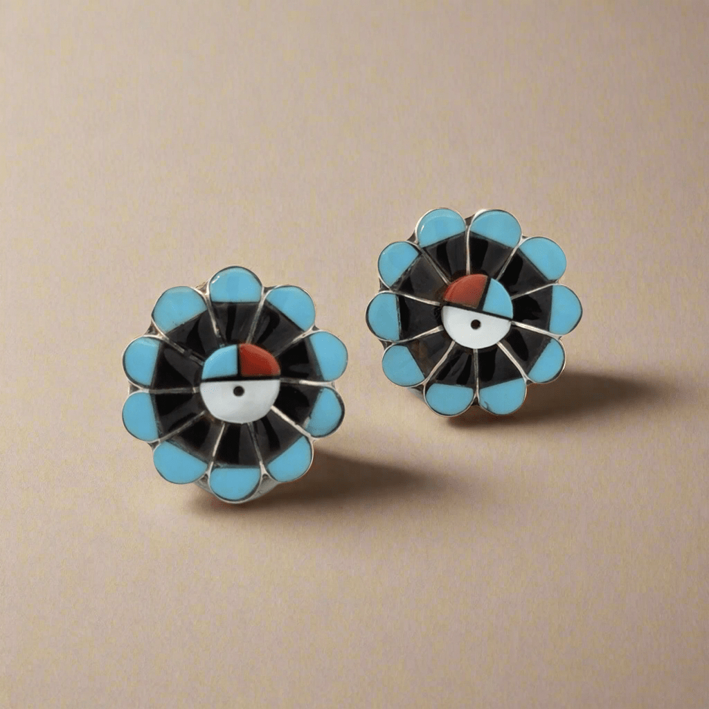 Kalifano Native American Jewelry Romero Vacit Sunface Flower Multi Gem Zuni USA Native American Made 925 Sterling Silver Earrings with Stud Backing NAE600.027