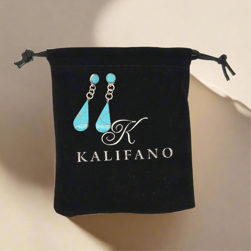 Kalifano Native American Jewelry Sandy Halusewa Kingman Turquoise Inlay Teardrop Zuni USA Native American Made 925 Sterling Silver Earrings with Stud Backing NAE1000.007