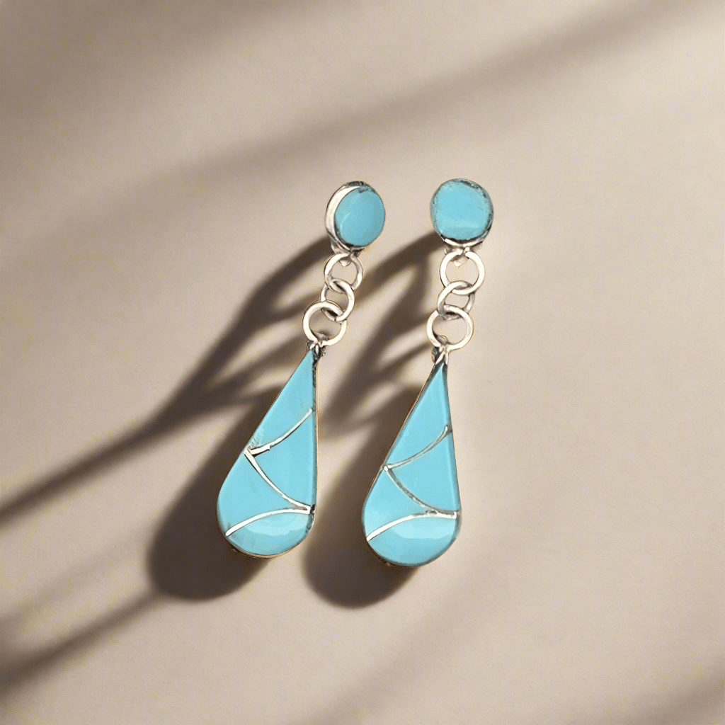 Kalifano Native American Jewelry Sandy Halusewa Kingman Turquoise Inlay Teardrop Zuni USA Native American Made 925 Sterling Silver Earrings with Stud Backing NAE1000.007