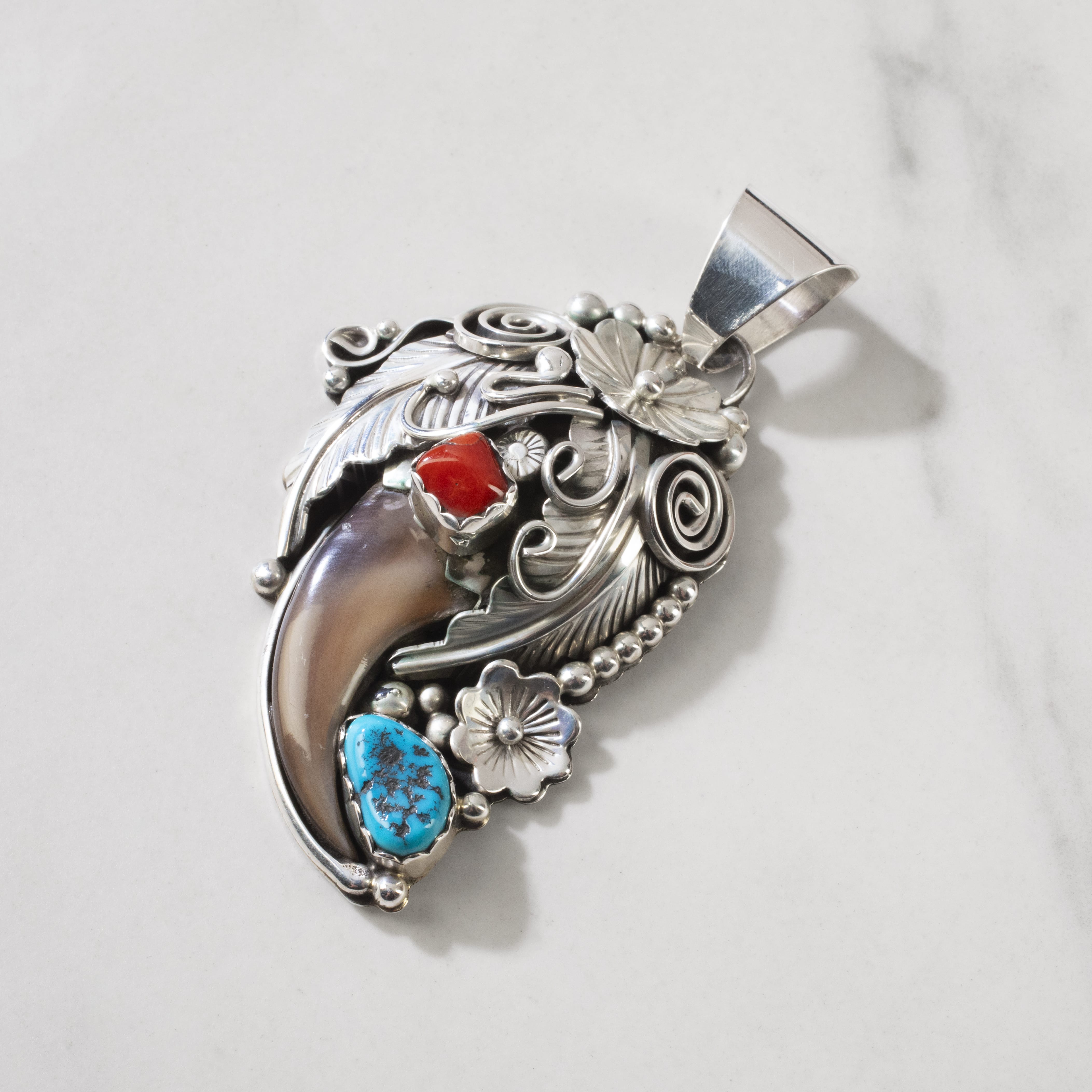Kalifano Native American Jewelry Sleeping Beauty & Coral Bear Claw Navajo USA Native American Made 925 Sterling Silver Pendant NAN2400.021