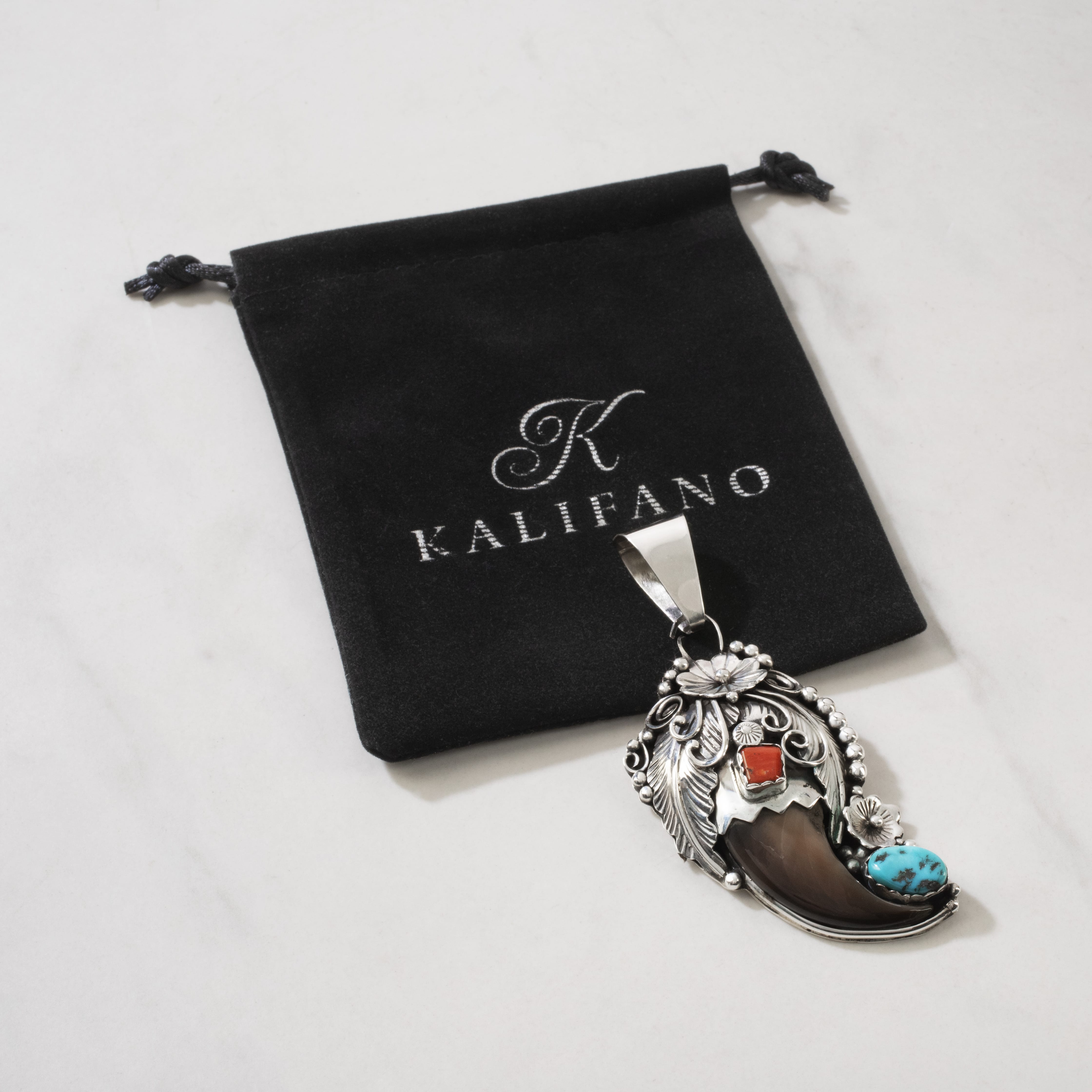 Kalifano Native American Jewelry Sleeping Beauty & Coral Bear Claw Navajo USA Native American Made 925 Sterling Silver Pendant NAN2400.022