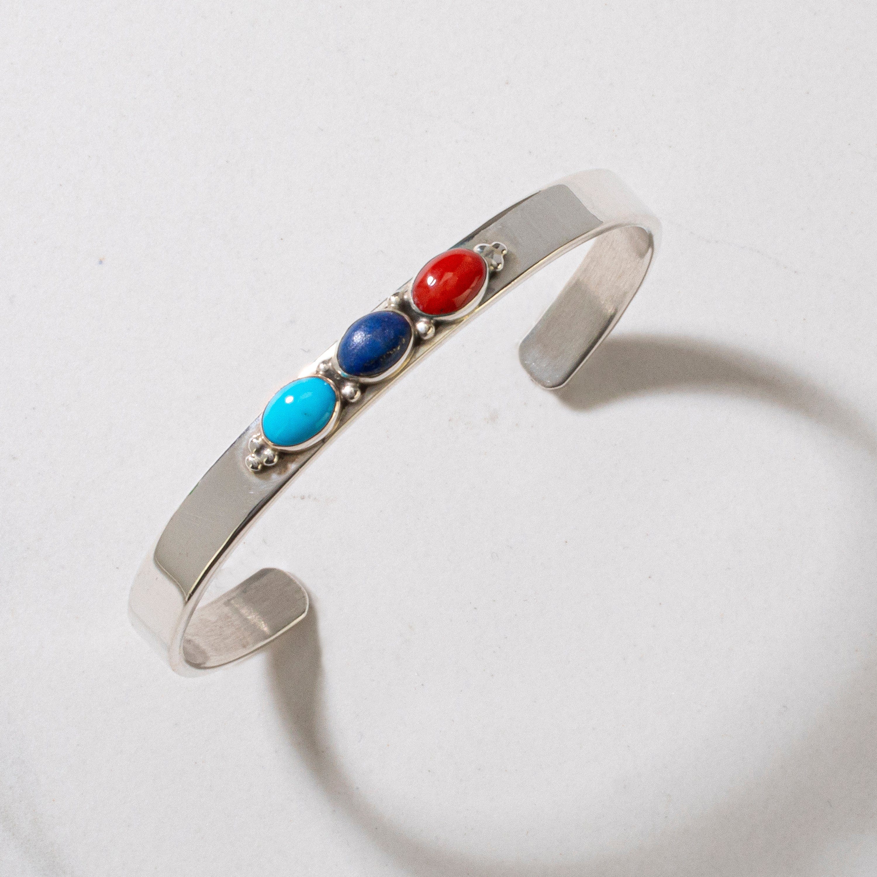 Kalifano Native American Jewelry Sleeping Beauty Turquoise, Coral, Lapis Navajo USA Native American Made 925 Sterling Silver Cuff NAB500.009