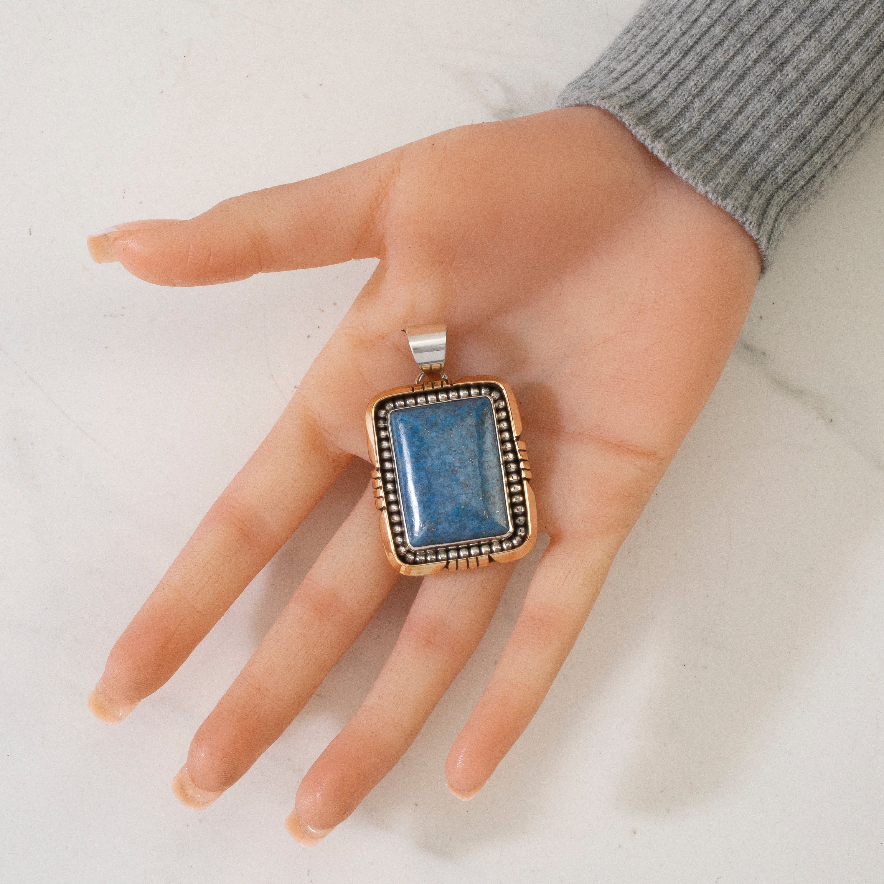 Kalifano Native American Jewelry Spencer Denim Lapis Rectangular Navajo USA Native American Made 925 Sterling Silver & 12K Gold Filled Pendant NAN1200.036