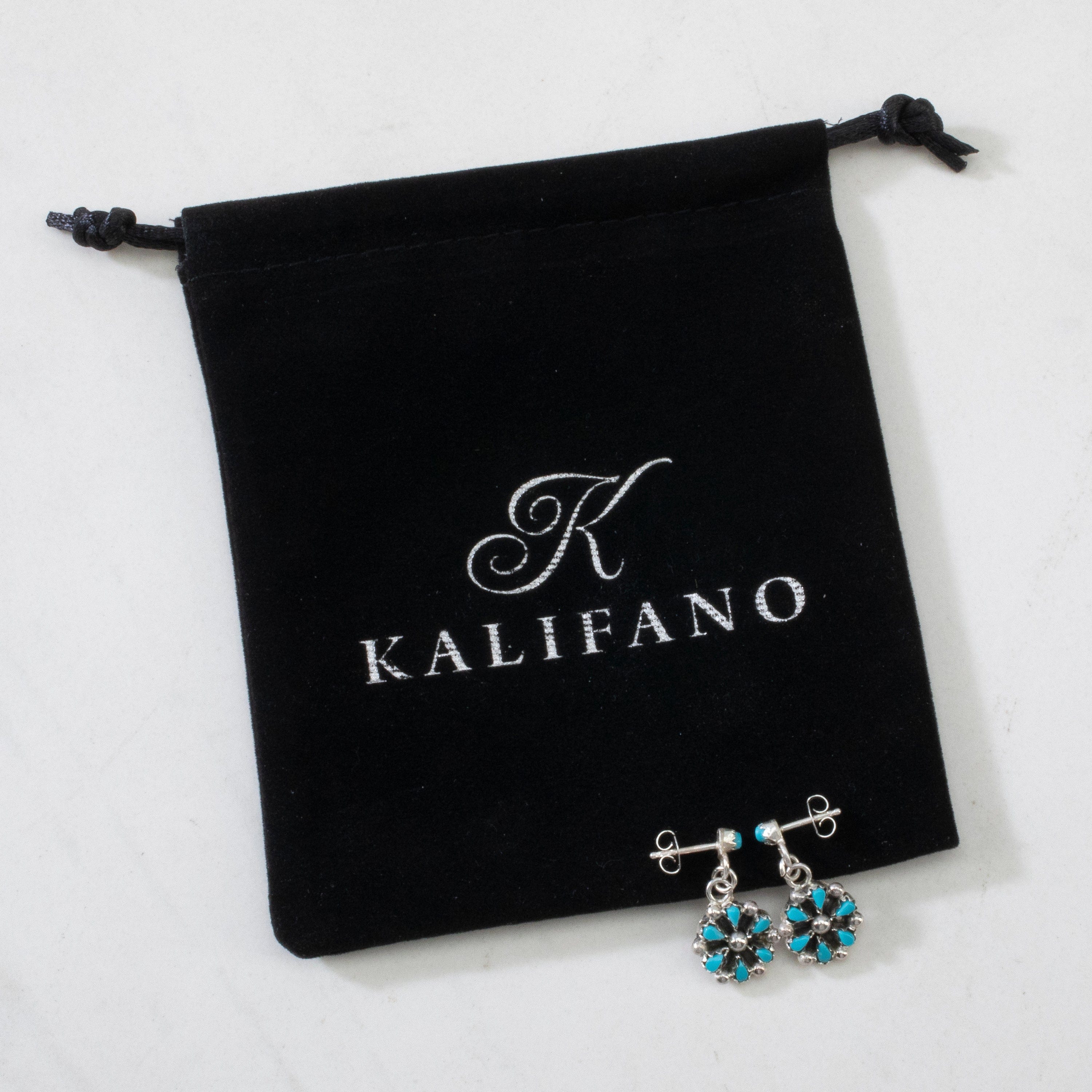 Kalifano Native American Jewelry Tricia Leekity Kingman Turquoise Flower USA Zuni Native American Made 925 Sterling Silver Earrings with Stud Backing NAE300.037