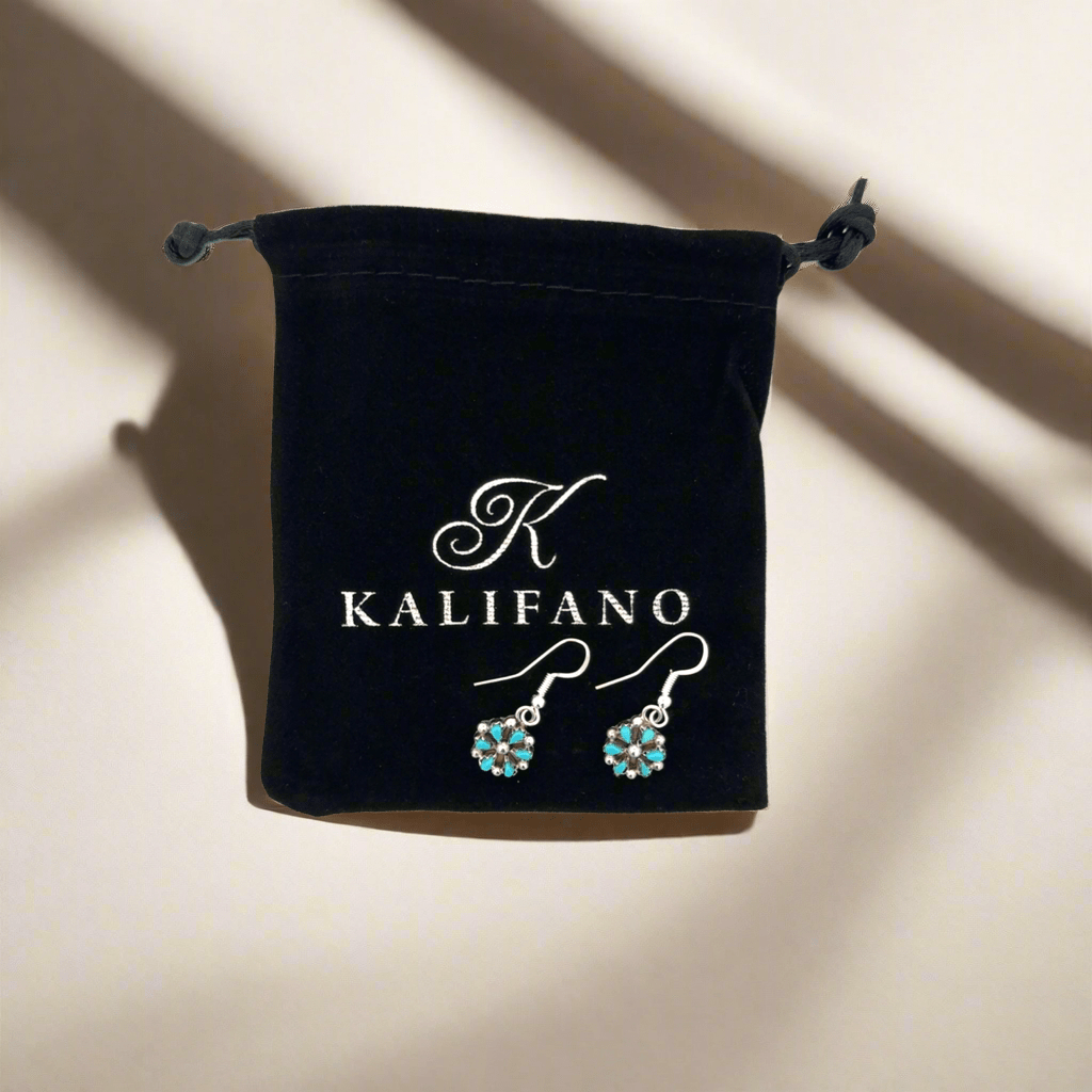 Kalifano Native American Jewelry Tricia Leekity Kingman Turquoise Flower Zuni USA Native American Made 925 Sterling Silver Dangle Earrings with French Hook NAE200.031