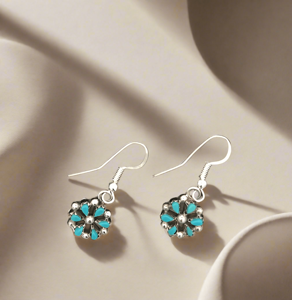 Kalifano Native American Jewelry Tricia Leekity Kingman Turquoise Flower Zuni USA Native American Made 925 Sterling Silver Dangle Earrings with French Hook NAE200.031
