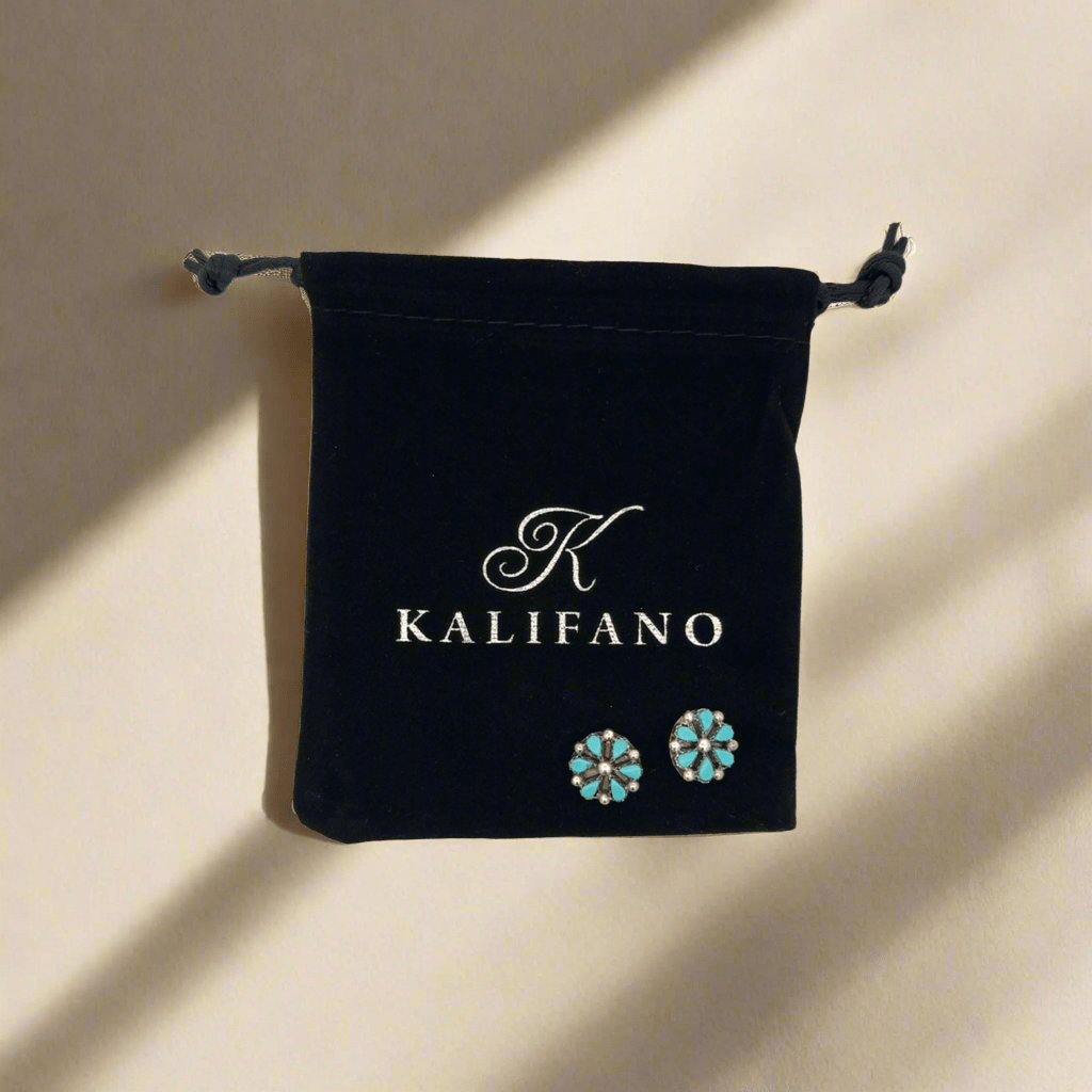 Kalifano Native American Jewelry Tricia Leekity Kingman Turquoise Flower Zuni USA Native American Made 925 Sterling Silver Earrings with Stud Backing NAE200.030