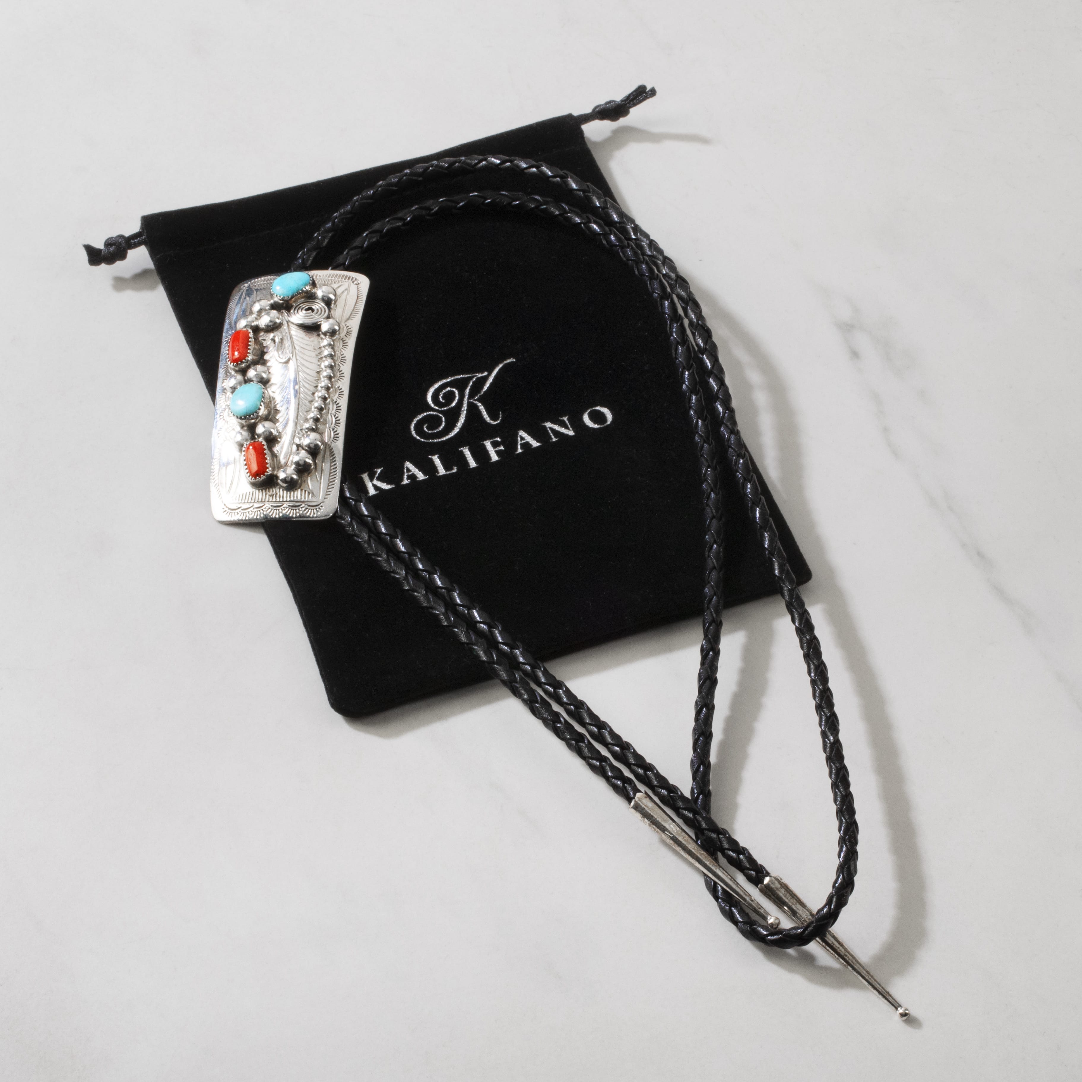 Kalifano Native American Jewelry Wilbert Musket Kingman Tuquoise & Coral Navajo USA Native American Made 925 Sterling Silver Bolo Tie NABT1250.001