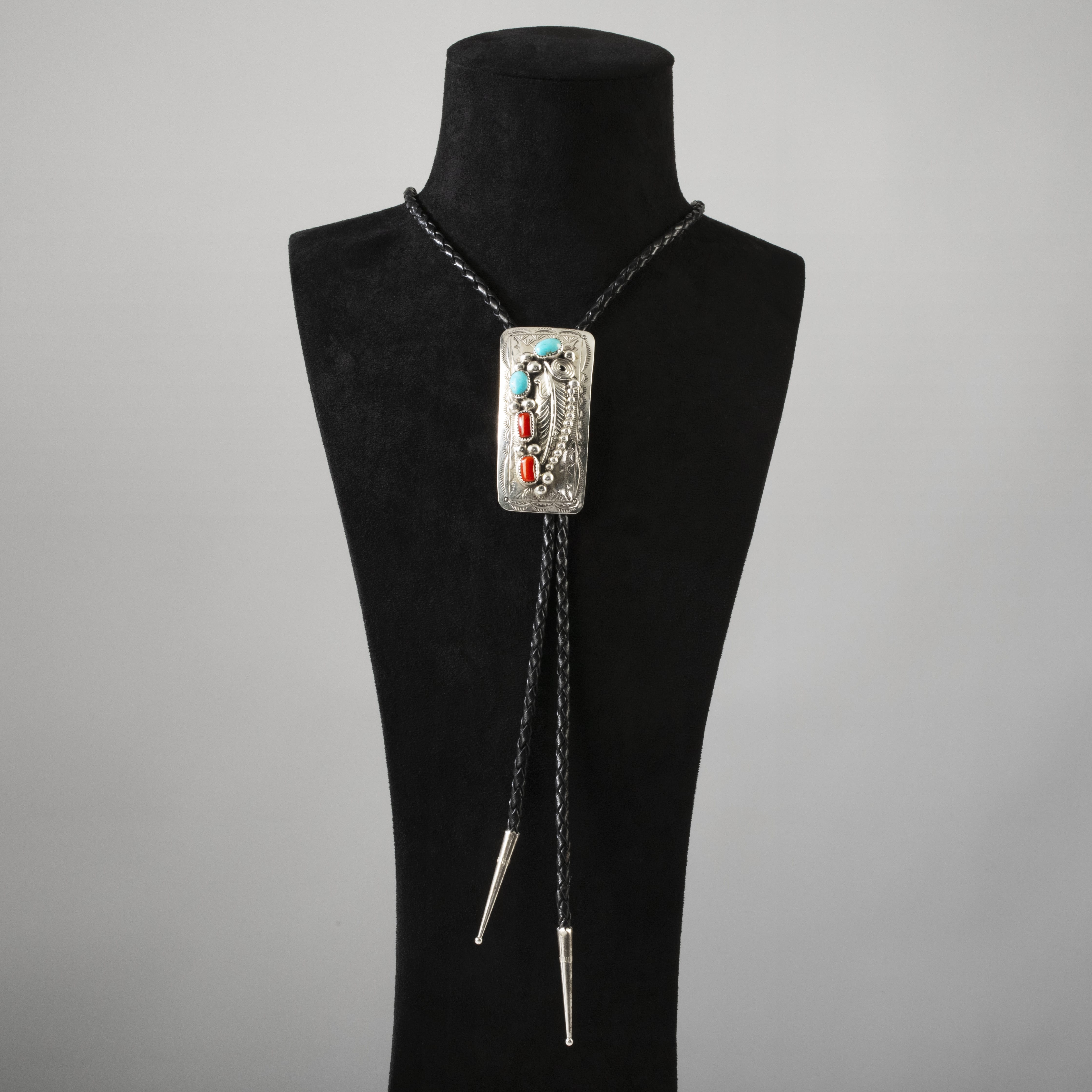 Kalifano Native American Jewelry Wilbert Musket Kingman Tuquoise & Coral Navajo USA Native American Made 925 Sterling Silver Bolo Tie NABT1250.002