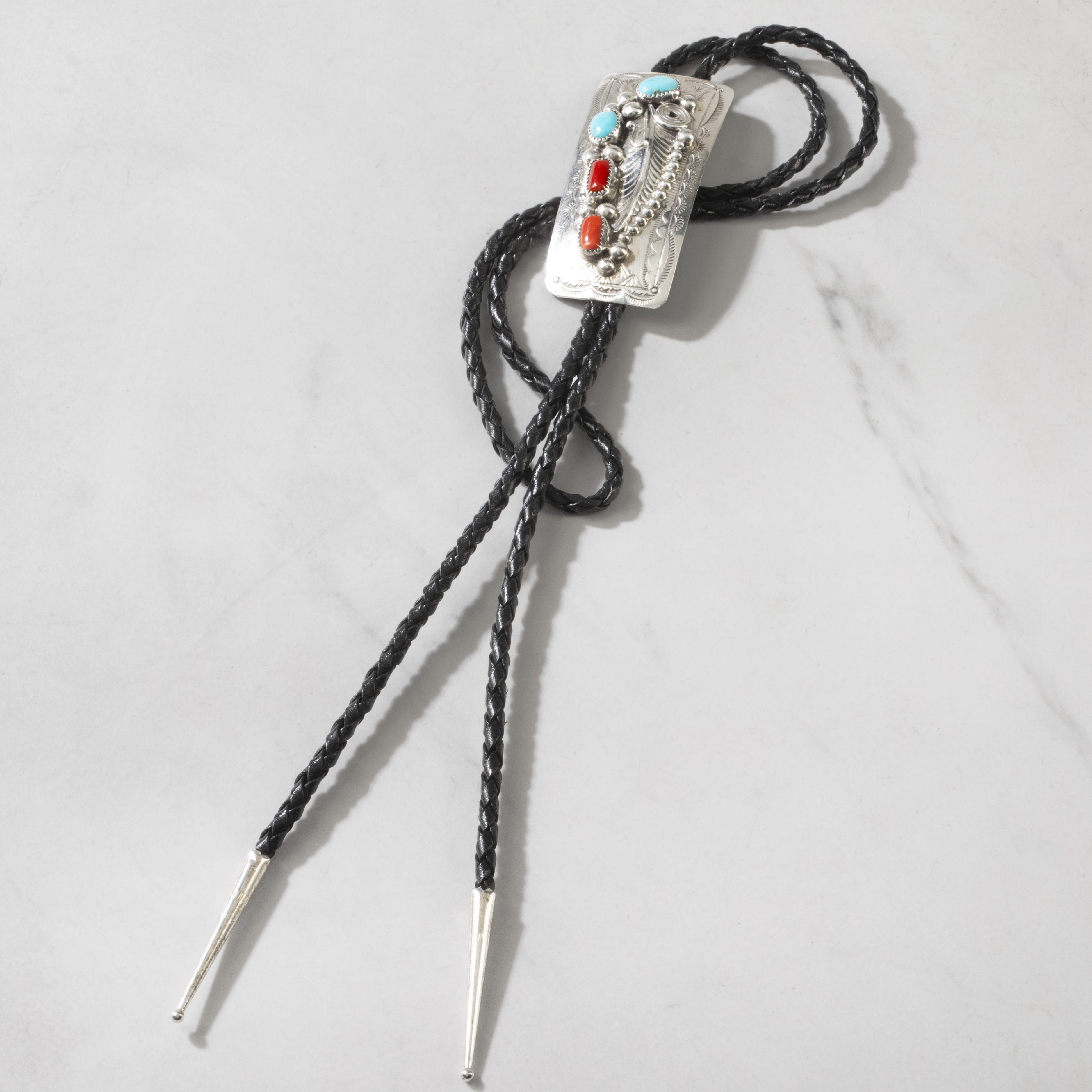 Kalifano Native American Jewelry Wilbert Musket Kingman Tuquoise & Coral Navajo USA Native American Made 925 Sterling Silver Bolo Tie NABT1250.002
