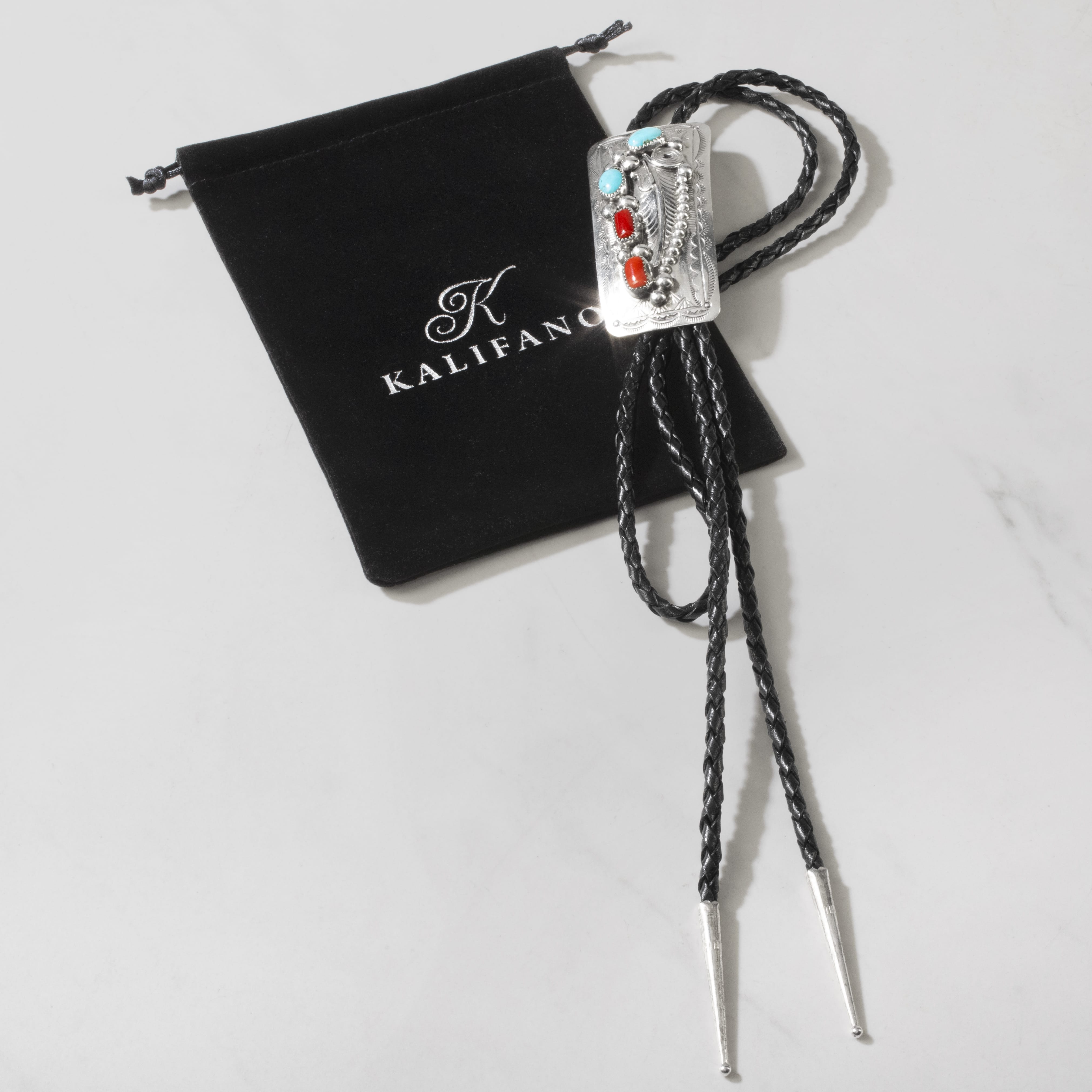Kalifano Native American Jewelry Wilbert Musket Kingman Tuquoise & Coral Navajo USA Native American Made 925 Sterling Silver Bolo Tie NABT1250.002